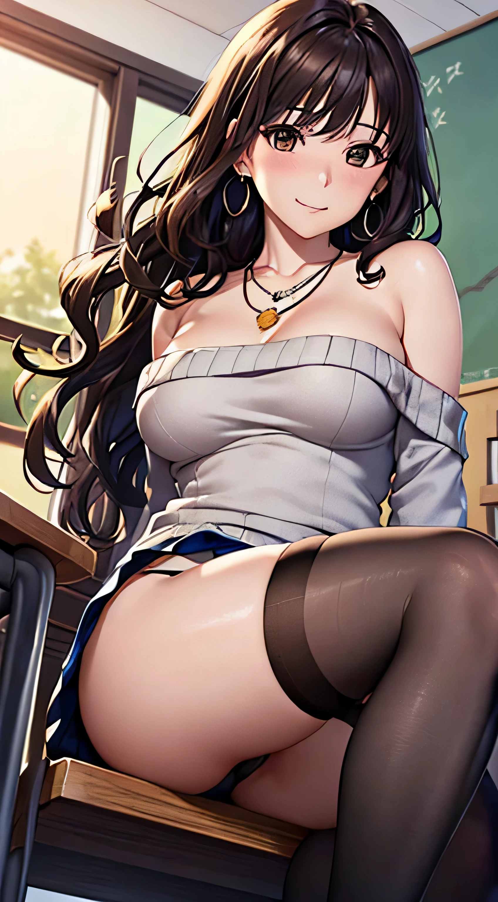 (table top, highest quality, High resolution, , perfect pixel, 4k,), 1 girl, single, alone, Beautiful woman、I could see the whole body、 ((Wavy mid-hair, bangs, brown hair)), ((brown eyes, beautiful eyelashes, realistic eyes)), ((detailed face, blush:1.2)), ((smooth texture:0.75, realistic texture:0.65, realistic:1.1, Anime CG style)), soft , dynamic angle, perfect body, ((, female teacher, , earrings、necklace、off shoulder sweater、Dark blue flared skirt、black knee high stockings、open both legs wide、、shy smile)), Upper grade、、、evening、sit at desk、close your  with both hands、You can see the light blue lace panties)、angle from below)、