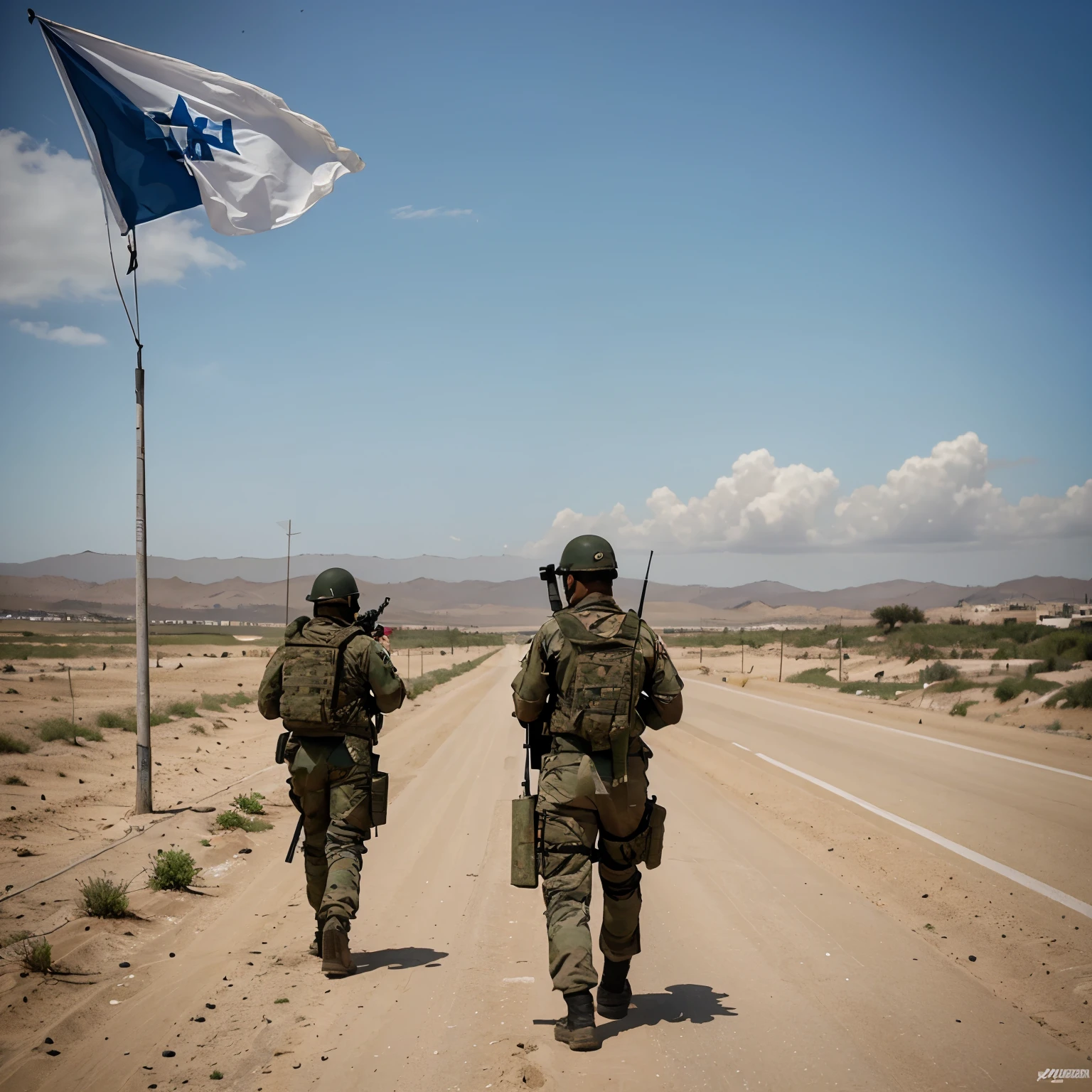 Crie uma imagem de soldados israelenses levando a bandeira de israel vitoriosos