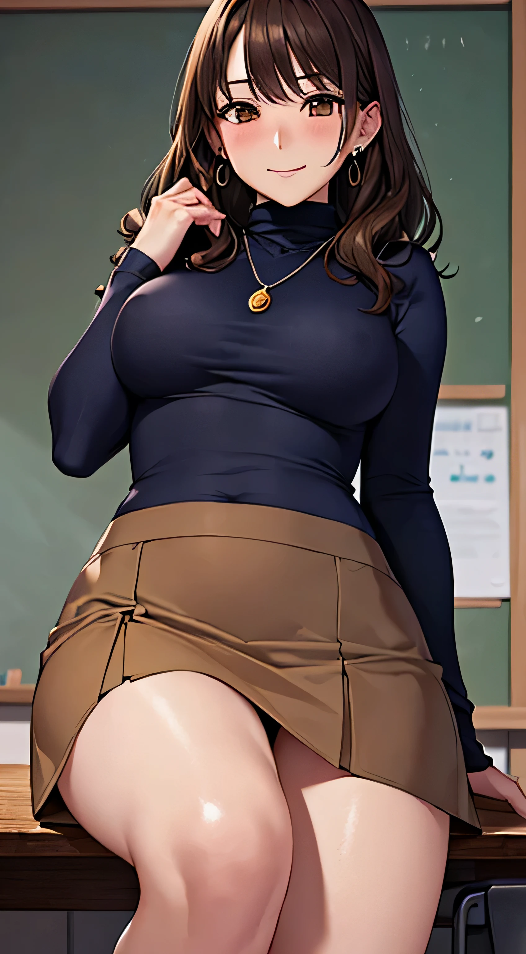 (table top, highest quality, High resolution, , perfect pixel, 4k,), 1 girl, single, alone, Beautiful woman、I could see the whole body、 ((Wavy mid-hair, bangs, brown hair)), ((brown eyes, beautiful eyelashes, realistic eyes)), ((detailed face, blush:1.2)), ((smooth texture:0.75, realistic texture:0.65, realistic:1.1, Anime CG style)), soft chest, dynamic angle, perfect body, ((, female teacher, , earrings、necklace、turtleneck sweater、Dark blue flared skirt、black knee high stockings、open both legs wide、、shy smile)), 、、、evening、sit at desk、I can see her light blue lace panties.I massage her breasts with both hands.、Close your chest with both arms)、angle from below)、