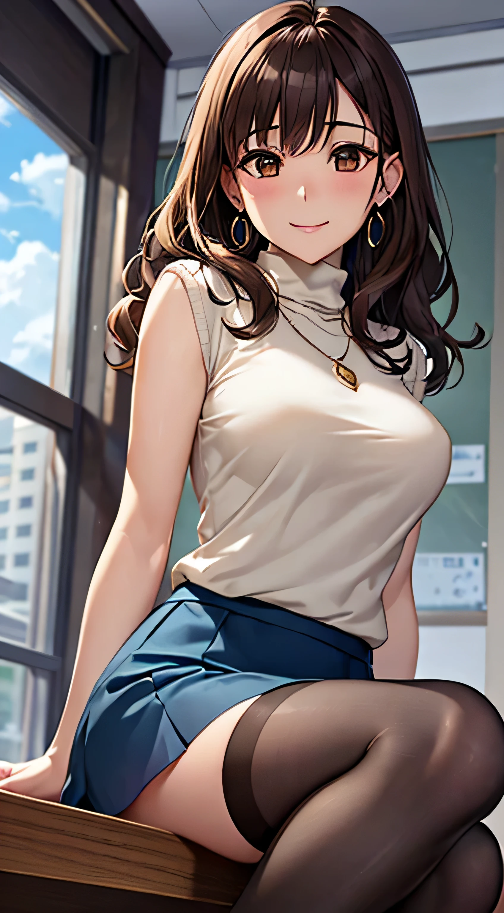 (table top, highest quality, High resolution, , perfect pixel, 4k,), 1 girl, single, alone, Beautiful woman、I could see the whole body、 ((Wavy mid-hair, bangs, brown hair)), ((brown eyes, beautiful eyelashes, realistic eyes)), ((detailed face, blush:1.2)), ((smooth texture:0.75, realistic texture:0.65, realistic:1.1, Anime CG style)), soft chest, dynamic angle, perfect body, ((, female teacher, , earrings、necklace、turtleneck sweater、Dark blue flared skirt、black knee high stockings、open both legs wide、、shy smile)), Upper grade、、、evening、sit at desk、I can see her light blue lace panties.I massage her breasts with both hands.、Close your chest with both arms)、angle from below)、