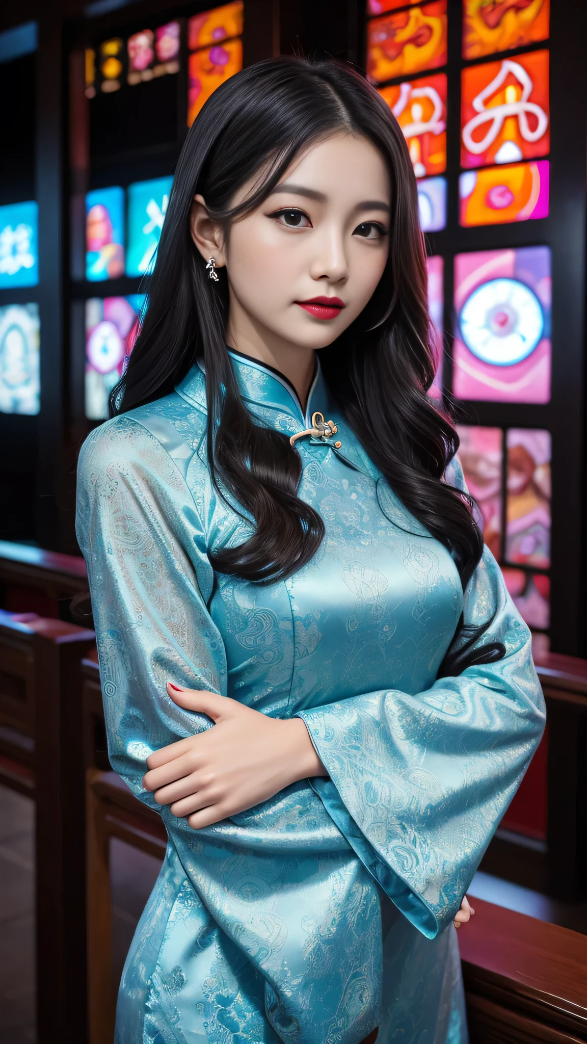 Super detailed、Japanese、charming beauty、seductive adult woman、Beautiful woman、sharp eyes、cool girl、wavy hair、long black cheongsam、wide sleeve、evilの幹部、evil depravity、brainwashing、Mind control、apply lipstick、grin、evilな表情、evil、empty eyes、evil、church at night、Hypnosia makeup brush