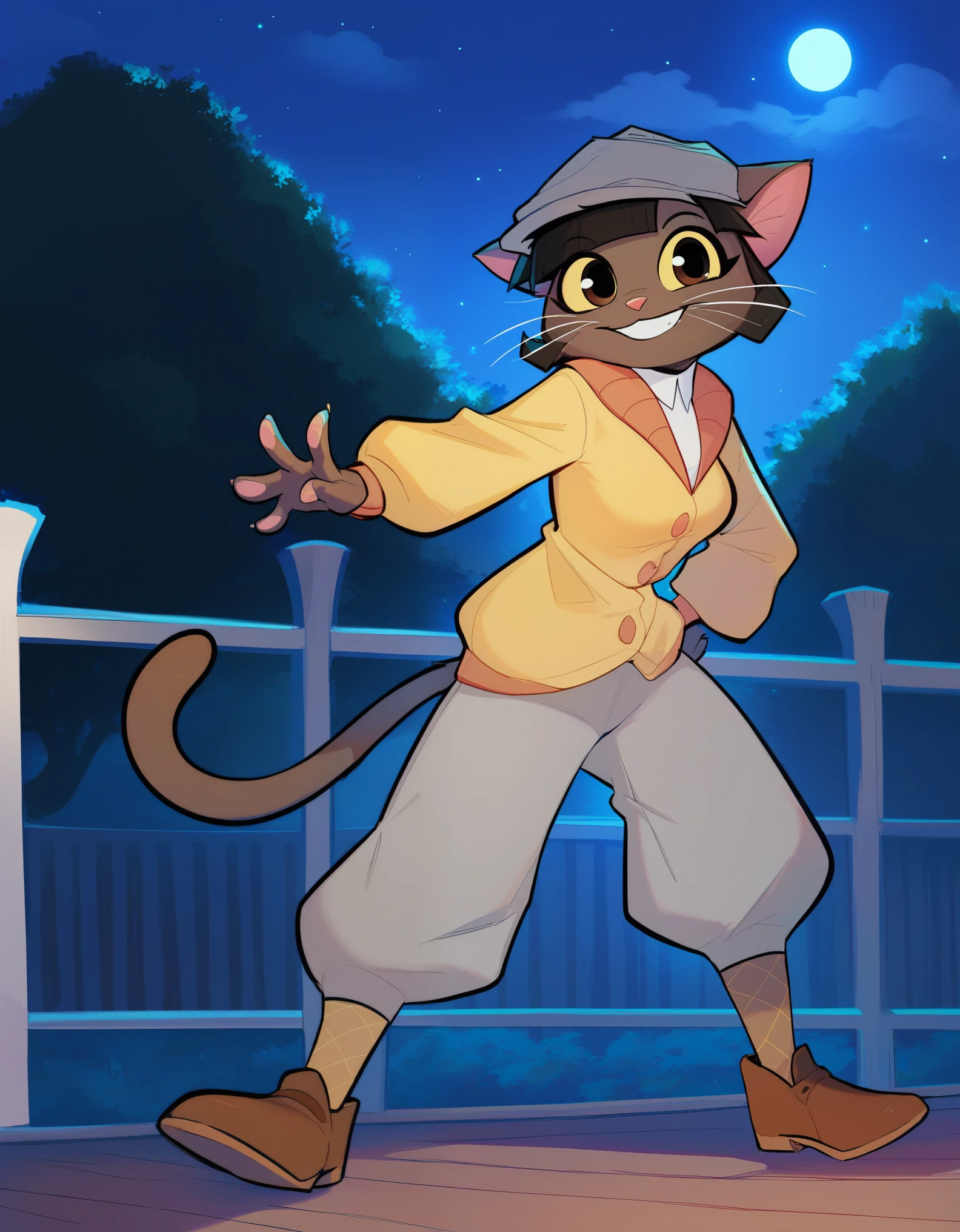 score_9, score_8_up, solo, 1girl, ovypep, cabbie hat, looking at viewer, plaid socks, brown shoes, grey pants, white shirt, yellow cardigan, smile, standing, night, dark, dark skin, anthro cat, whiskers