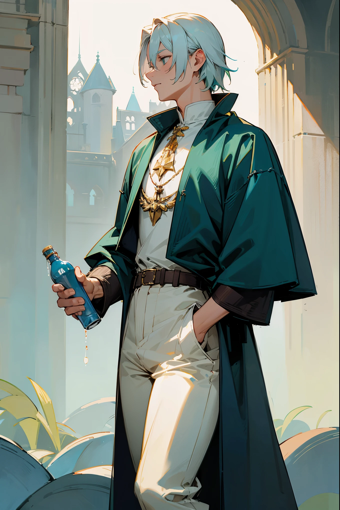 1male, white hair, teal tinted hair, teal eyes, open teal jacket, no shirt, white and blue pants, waterbottle in hand, old medieval clothing, guild hall background, detailed background, standing on path