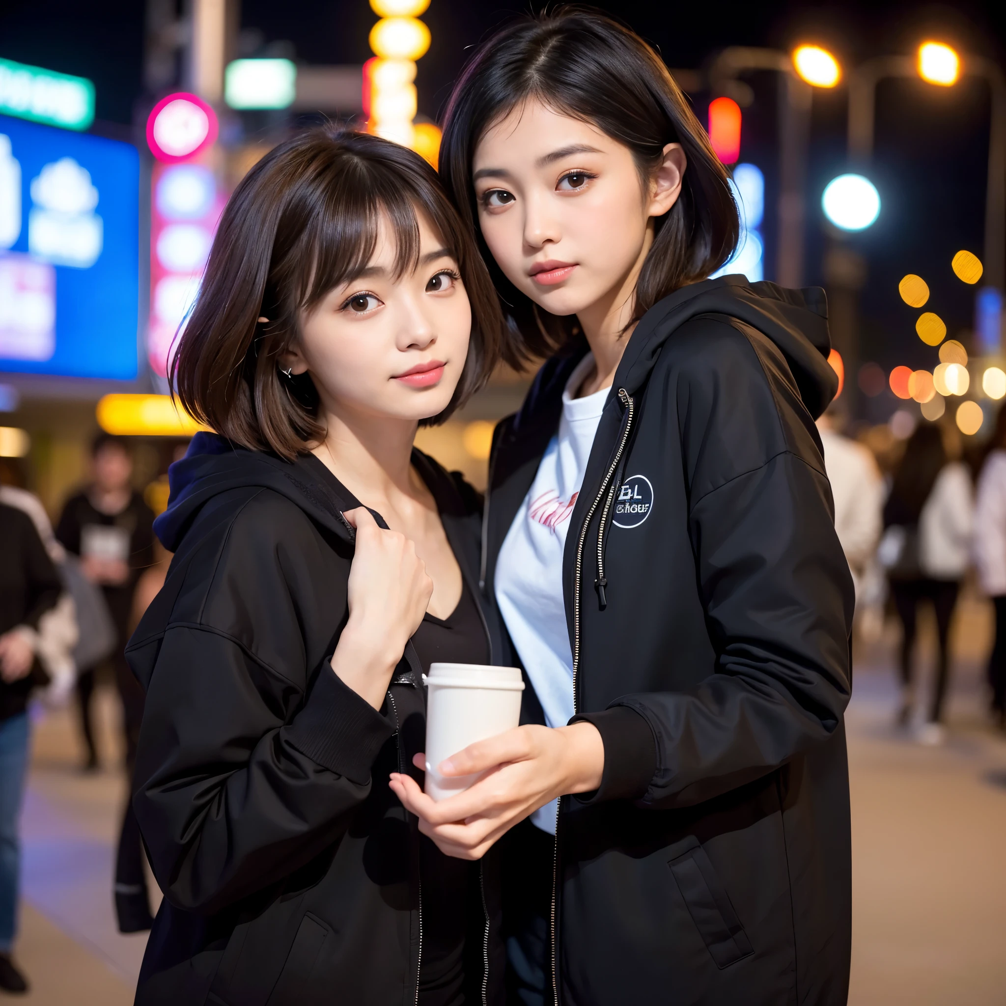Best-quality, Masterpiece, Ultra-High-Resolution, (Photorealistic:1.4), Raw-Photo, (A lesbian couple, 18-years-old girl and 25-years-old woman), Late at night, In the middle of winter, At Hiroshima's entertainment distric, (The 18-year-old girl, the most famous Japanese idol, (wearing down jacket and hoodie), (extremely beautiful black-short-cut-haired), extremely cute face like the most popular Japanese idol, ((extremely beautiful big-black-eyes)), extremely beautiful lips, extremely beautiful skins, extremely beautiful long-eyelashes),
(The 25-year-old woman, the most famous Japanese actress, (wearing expensive-coat and business suit), (extremely beautiful brown-long-haired), extremely beautiful face like the most popular Japanese actress, ((extremely beautiful big-solid-circle-eyes)), extremely beautiful skins, extremely beautiful lips, extremely beautiful long-eyelashes), innocent smile, completely-drunk, high-on