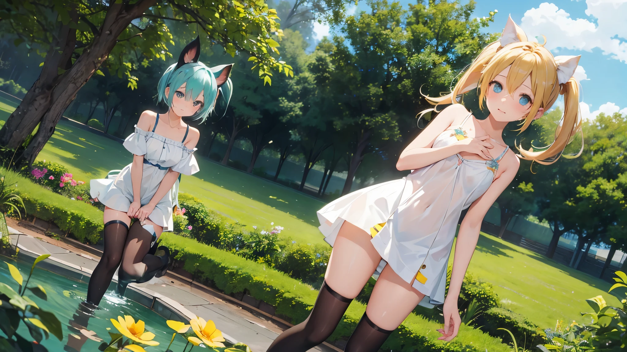 nsfw、Kagamine Rin、beautiful eyes、sensitive、naked、shyness、Sweat、shot from below、look down、put your hand on your crotch、whole body、crotch opening、nude、spreadlegs、short hair、flower bed、garden、finger inserted、Fingering、semen、smile、Hatsune Miku、sit、sitting、two people、2girl、pair、pair