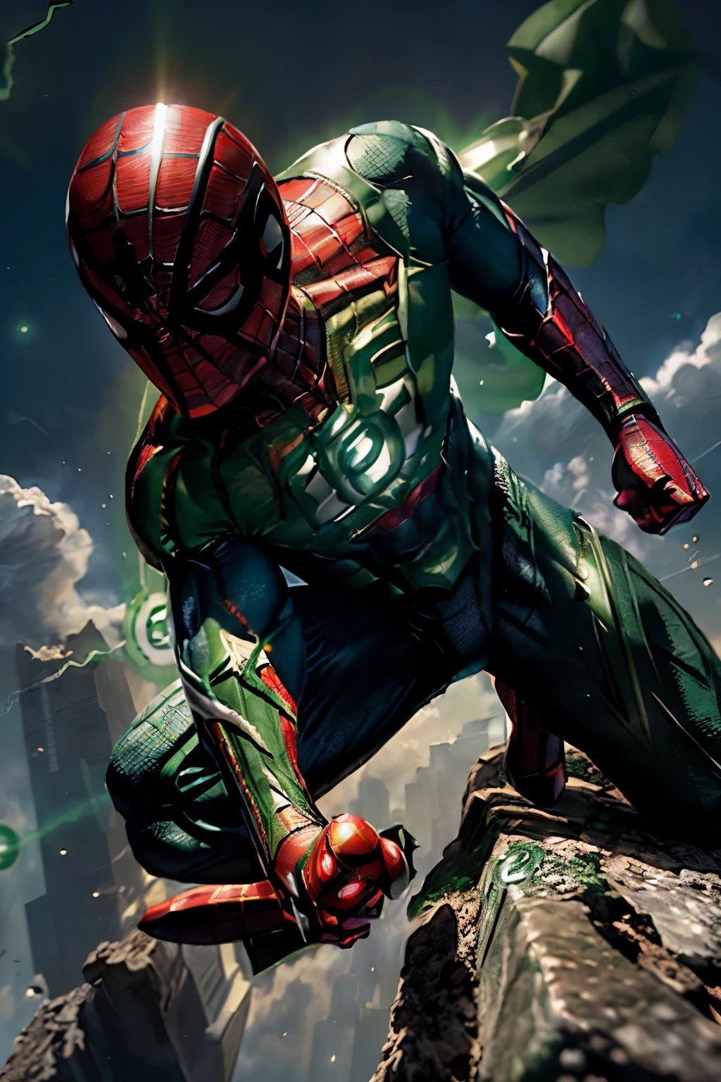 ((Superhero showdown:1.3)), ((Green Lantern vs Spiderman:1.4)), ((Highly-detailed:1.5)), (((Dynamic and vibrant:1.2))),

A stunning scene of a superhero showdown takes place between Green Lantern and Spiderman. The high contrast between their costumes creates a captivating visual experience. Green Lantern, with his emerald green lantern, shines brightly, casting an ethereal glow over the environment. The intricate details of his suit are masterfully rendered, the ridges and textures jumping out in crisp clarity.

Spiderman, in his iconic red and blue suit, is