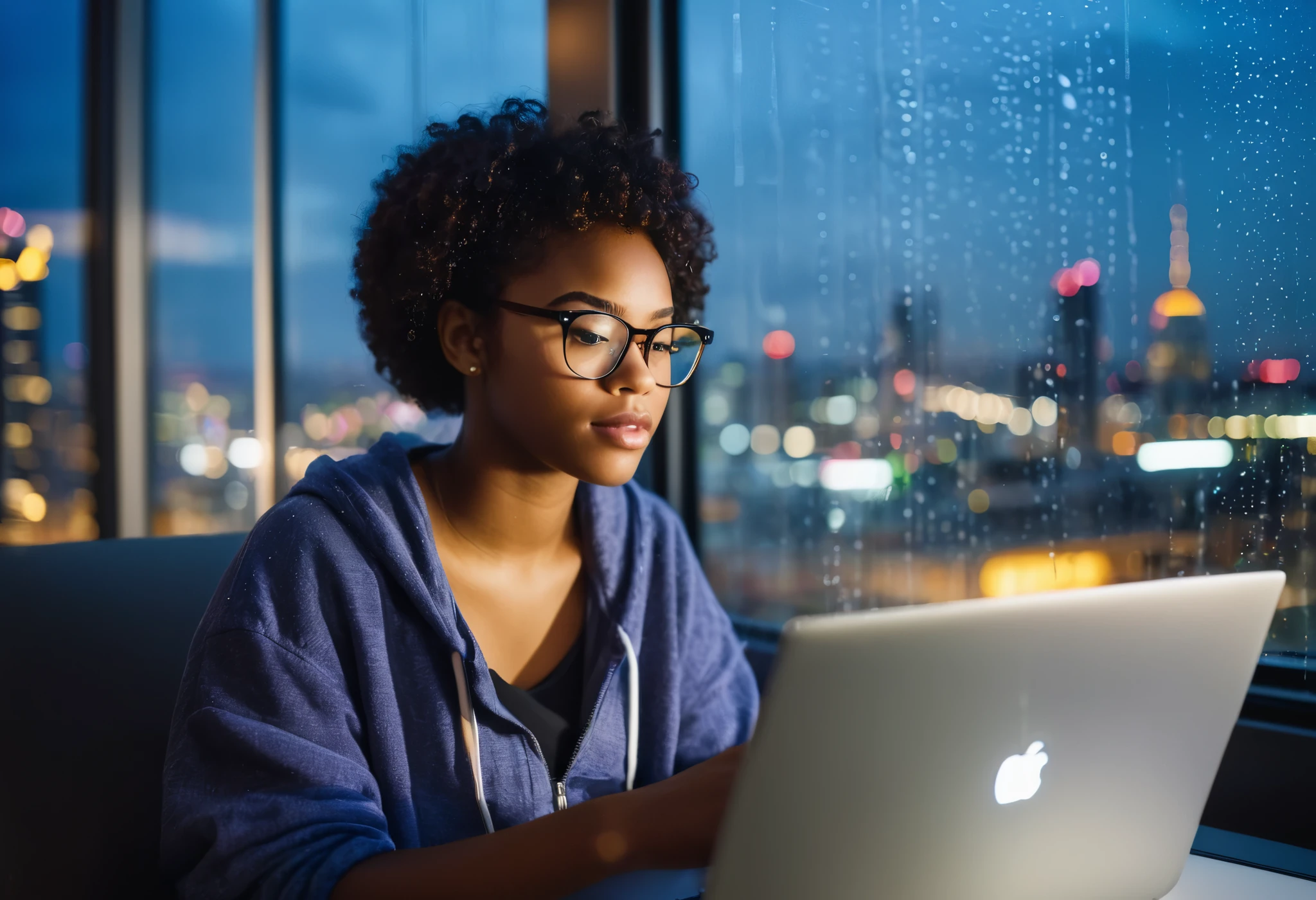 hyper realistic portrait of a black woman, 20 years old, wearing glasses, relaxed, with her laptop on her lap, in a room with large glass windows, view of the city at night, raining, diffuse light, focus and highlights on subject, film grain,  fujifilm XT3. 