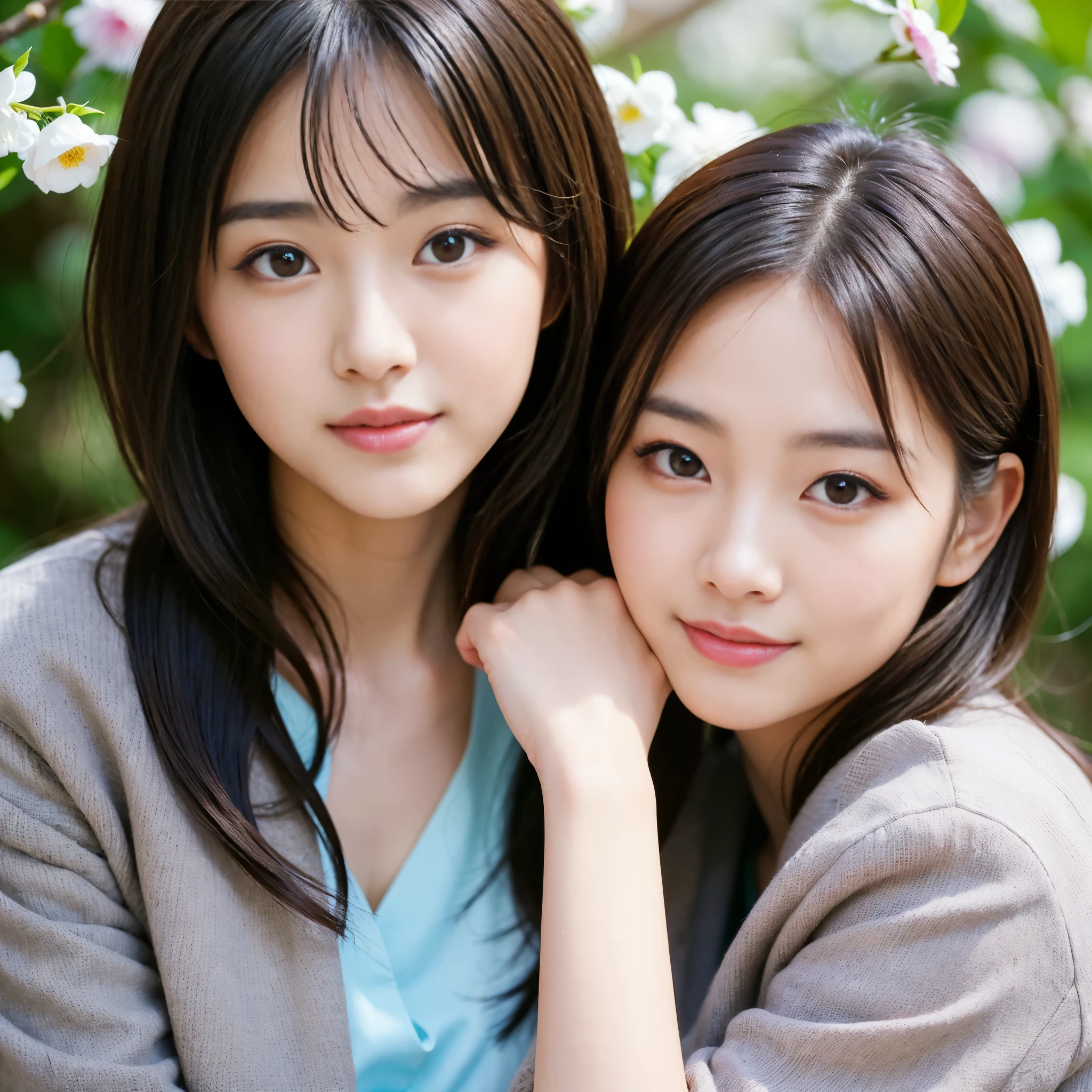 Best-quality, Masterpiece, Ultra-High-Resolution, (Photorealistic:1.4), Raw-Photo, (A lesbian couple, 18-years-old girl and 25-years-old woman), in the morning, In the spring, At Hiroshima's entertainment distric, (The -yeld gi the most famous Japanese idol, (wearing spring-clothes), (extremely beautiful black-short-cut-haired), extremely cute face like the most popular Japanese idol, ((extremely beautiful big-black-eyes)), extremely beautiful lips, extremely beautiful skins, extremely beautiful long-eyelashes), 
(The 25-year-old woman, the most famous Japanese actress, (wearing spring-coat and business suit), (extremely beautiful brown-long-haired), extremely beautiful face like the most popular Japanese actress, ((extremely beautiful big-solid-circle-eyes)), extremely beautiful skins, extremely beautiful lips, extremely beautiful long-eyelashes), innocent smile