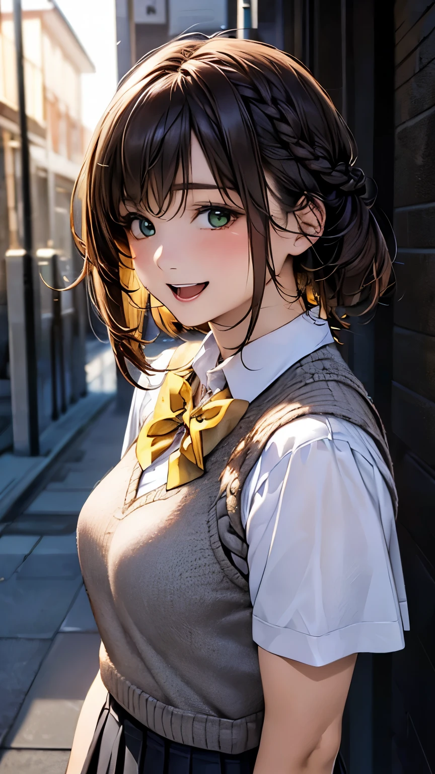 (masterpiece:1.2, highest quality), (realistic, photorealistic:1.4), beautiful illustrations, (natural siDe lighting, movie lighting), NSFW,
looking at the viewer, upper boDy, 1 girl, Japanese, high school girl, 12 years olD, perfect face, cute anD symmetrical face, shiny skin,
(short hair, braiD, light brown hair), bangs, emeralD greeneyes, Big eyes, long eyelash, (meDium breasts),
beautiful hair, beautiful face, beautiful DetaileD eyes, beautiful clavicle, beautiful boDy, beautiful breasts, beautiful thighs, beautiful feet, beautiful fingers,
((white collareD shirts, Dark grey pleateD mini skirt, yellow grown knitteD vest), Dark reD bow tie),
(beautiful scenery), evening, (school hallway), walk, waving hanD, ((;D)),