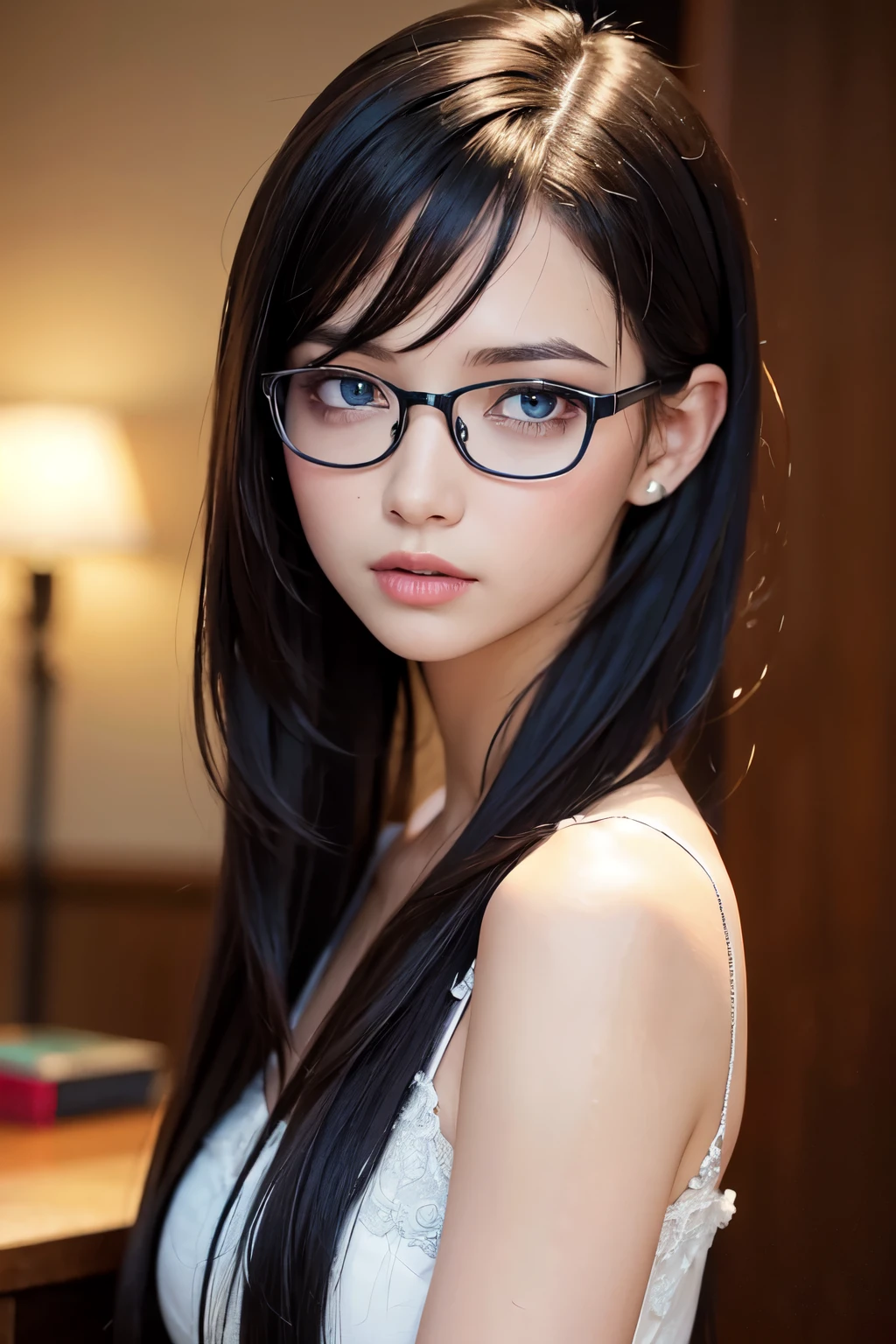 ((highest quality)), ((masterpiece)), (be familiar with), perfect face,、black hair、long hair、Glasses、crawl on all fours、naked、female organ、shot from behind、look back、stick out your butt、big breasts、adult woman、Fluffy hair、female organを見せる、((female organにフォーカス))、Take a close-up shot of a person、