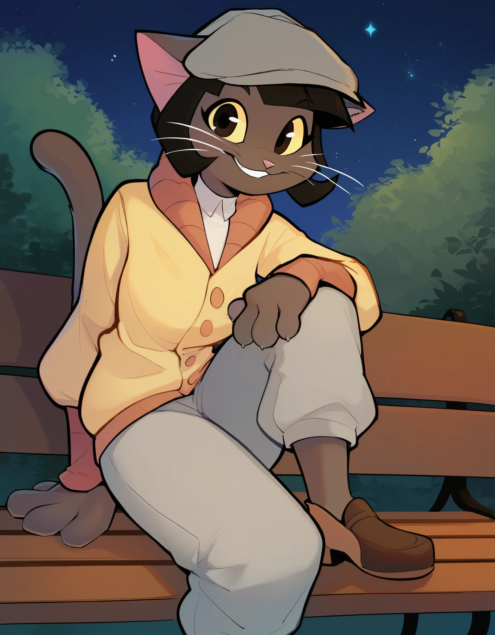 score_9, score_8_up, solo, 1girl, ovypep, cabbie hat, looking at viewer, plaid socks, brown shoes, grey pants, white shirt, yellow cardigan, smile, sitting, bench, night, dark, dark skin, anthro cat, whiskers