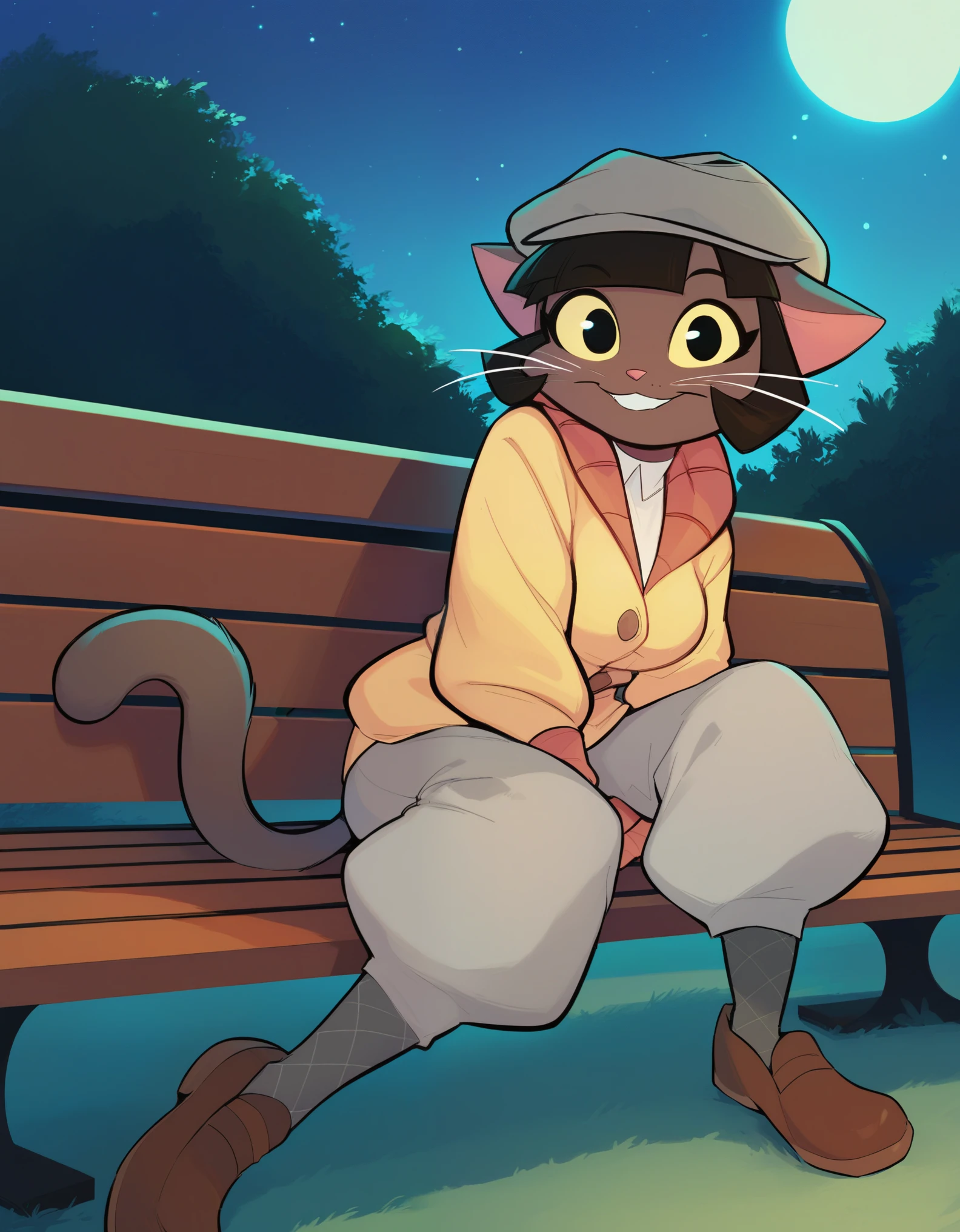 score_9, score_8_up, solo, 1girl, ovypep, cabbie hat, looking at viewer, plaid socks, brown shoes, grey pants, white shirt, yellow cardigan, smile, sitting, bench, night, dark, dark skin, anthro cat, whiskers