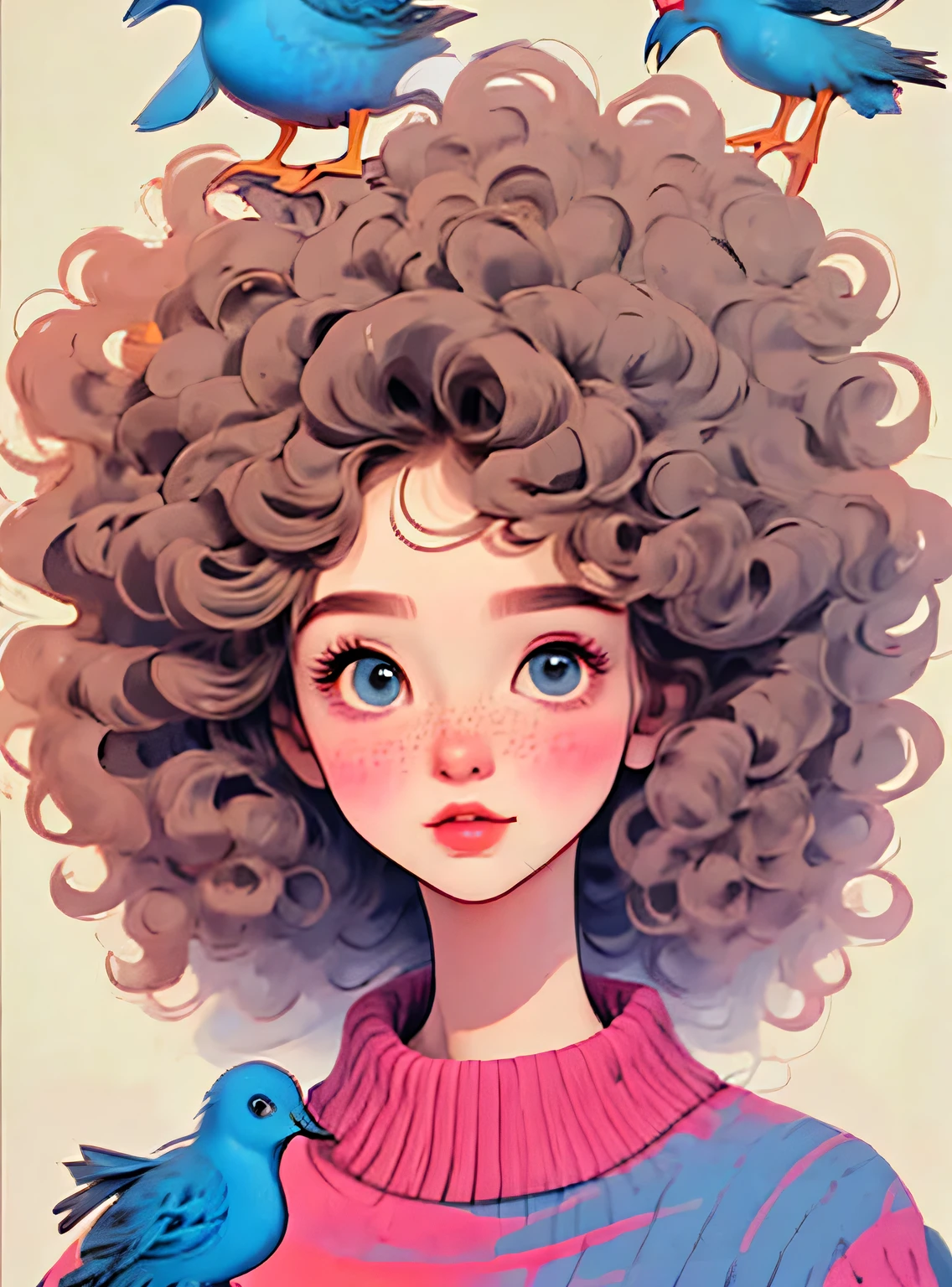 (melhor qualidade,4k,8K,high resolution,obra de arte:1.2),Super detalheed,(real,photoreal,photo-real:1.37),Unique style,kind girl sitting,cabelo exagerado,fofinho hair,pequenas sardas,exaggerated expression,Surrealismo,Duck egg green polka dot sweater,detalhe,Crina,fofinho,Meia,fundo limpo,Hand-drawn style,drawing pencil,kind,Linhas suaves,silhueta limpa,Clean composition