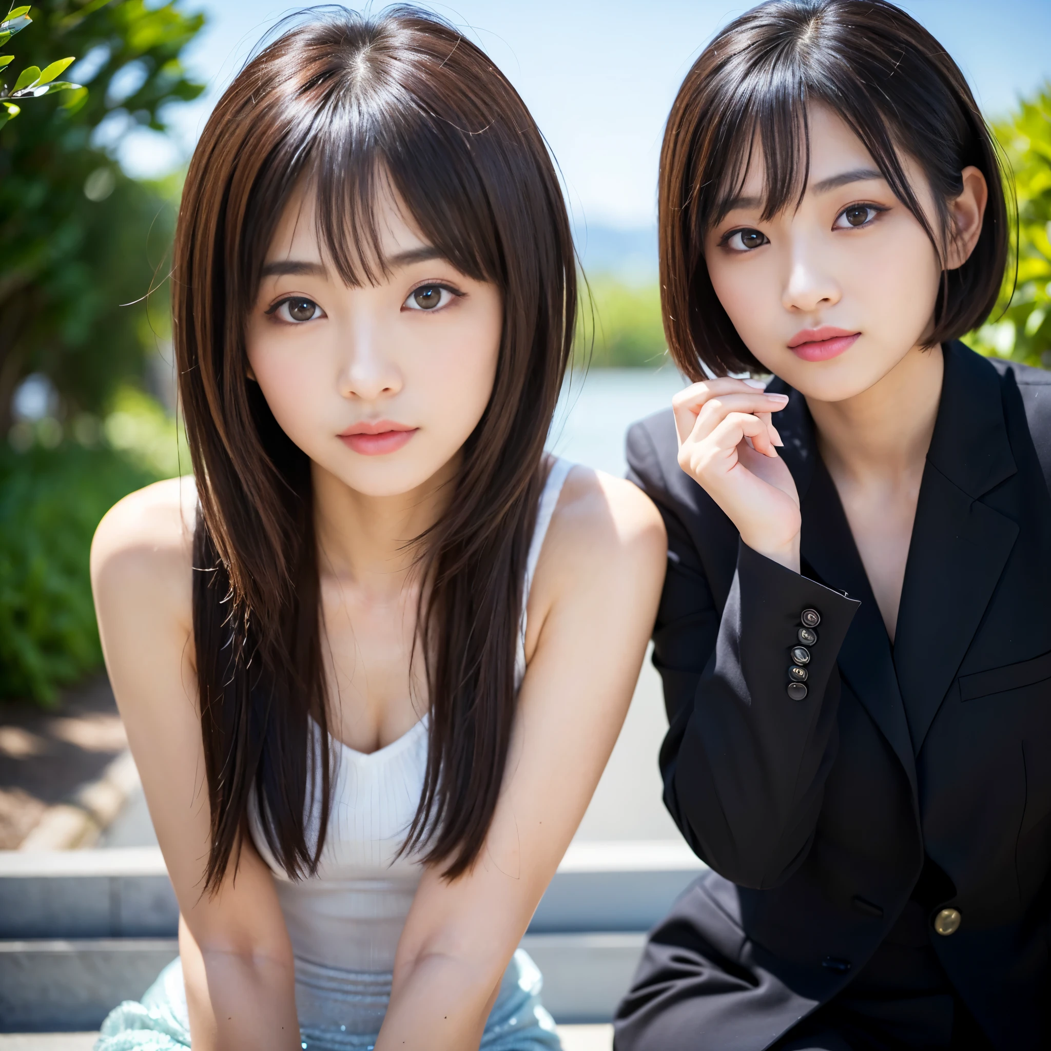 Best-quality, Masterpiece, Ultra-High-Resolution, (Photorealistic:1.4), Raw-Photo, (A lesbian couple, 18-years-old girl and 25-years-old woman), in the morning, In the spring, At Hiroshima's entertainment distric, (The -yeld gi the most famous Japanese idol, (wearing spring-clothes), (extremely beautiful black-short-cut-haired), extremely cute face like the most popular Japanese idol, ((extremely beautiful big-black-eyes)), extremely beautiful lips, extremely beautiful skins, extremely beautiful long-eyelashes),
(The 25-year-old woman, the most famous Japanese actress, (wearin business suit), (extremely beautiful brown-long-haired), extremely beautiful face like the most popular Japanese actress, ((extremely beautiful big-solid-circle-eyes)), extremely beautiful skins, extremely beautiful lips, extremely beautiful long-eyelashes), innocent smile