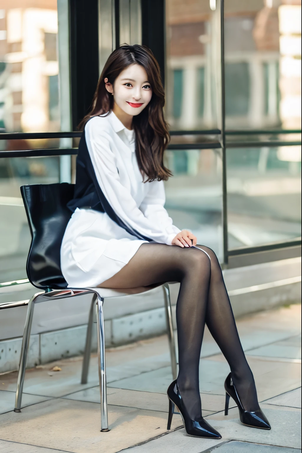 A neat and beautiful woman sitting on a park bench、black hair、hoodie、knee length skirt、black tights、pumps、refreshing smile、smiling showing teeth、full body photo、