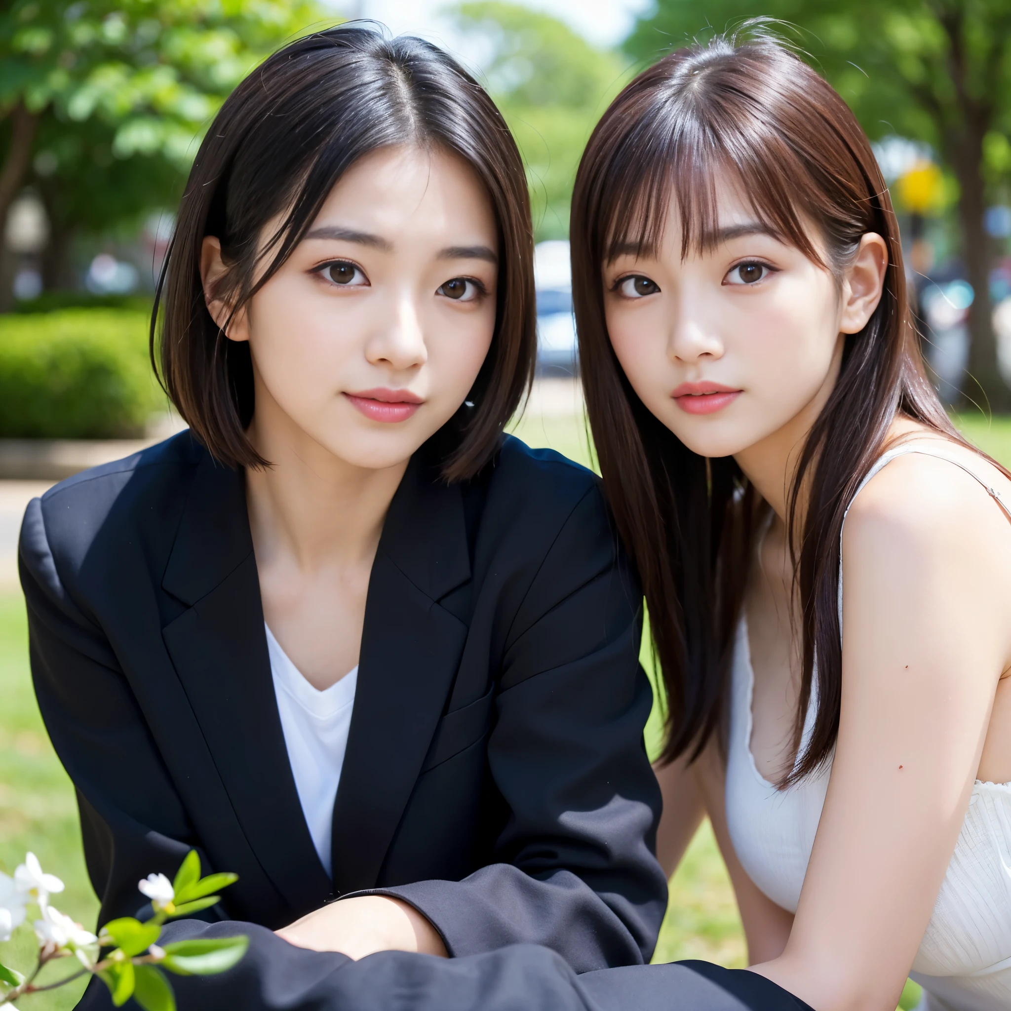 Best-quality, Masterpiece, Ultra-High-Resolution, (Photorealistic:1.4), Raw-Photo, (A lesbian couple, 18-years-old girl and 25-years-old woman), in the morning, In the spring, At Hiroshima's entertainment distric, (The 15-year-old girl, the most famous Japanese idol, (wearing spring-clothes), (extremely beautiful black-short-cut-haired), extremely cute face like the most popular Japanese idol, ((extremely beautiful big-black-eyes)), extremely beautiful lips, extremely beautiful skins, extremely beautiful long-eyelashes), 
(The 25-year-old woman, the most famous Japanese actress, (wearin business suit), (extremely beautiful brown-long-haired), extremely beautiful face like the most popular Japanese actress, ((extremely beautiful big-solid-circle-eyes)), extremely beautiful skins, extremely beautiful lips, extremely beautiful long-eyelashes), innocent smile