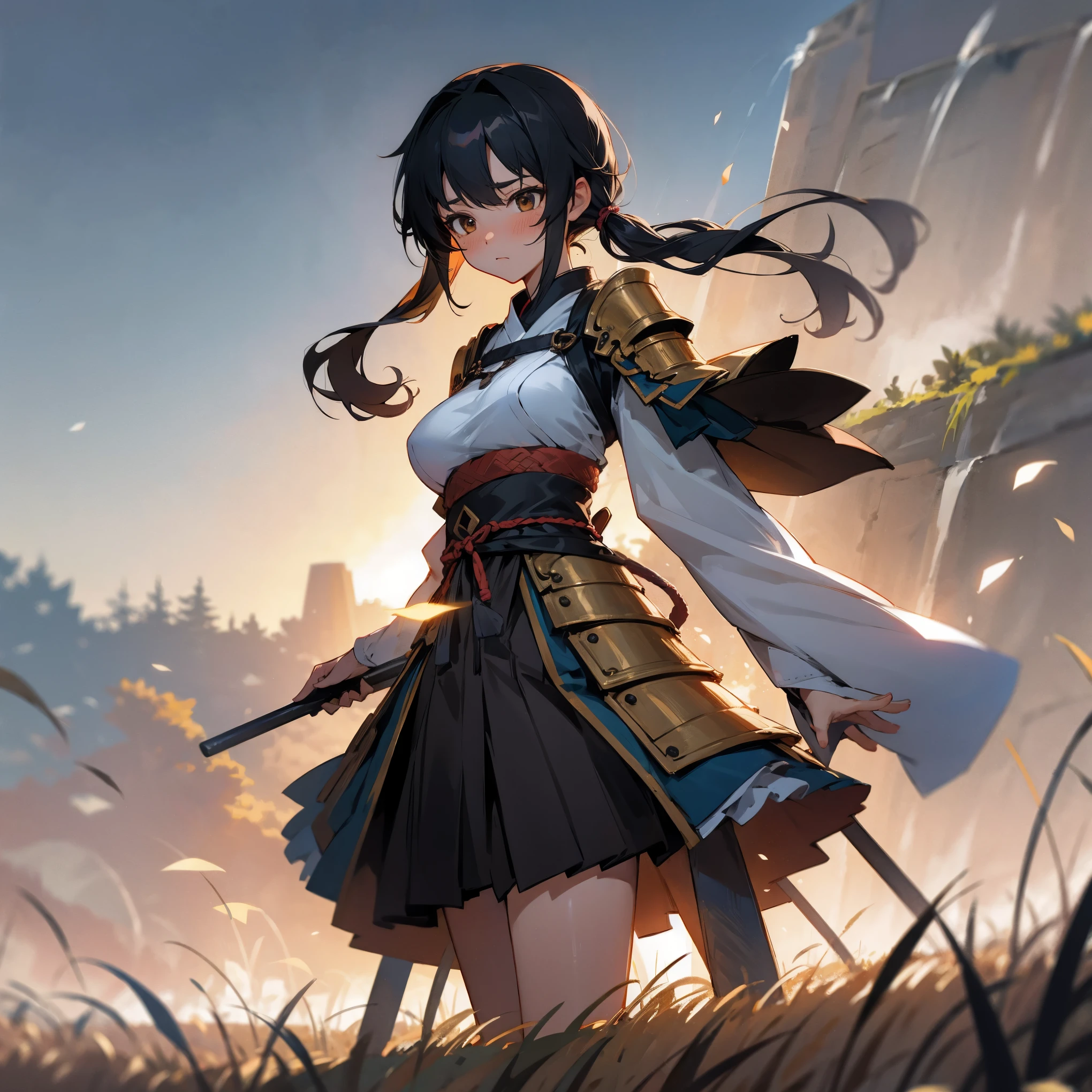 1female, adult, big breast, tan skin, finely detailed brown eyes, long wavy pigtails, pale black hair color, loose open yukata, ronin clothing, short skirt, shoulder armor piece, blushing, standing in flower field, waterfall, night, somber expression, village background, serious