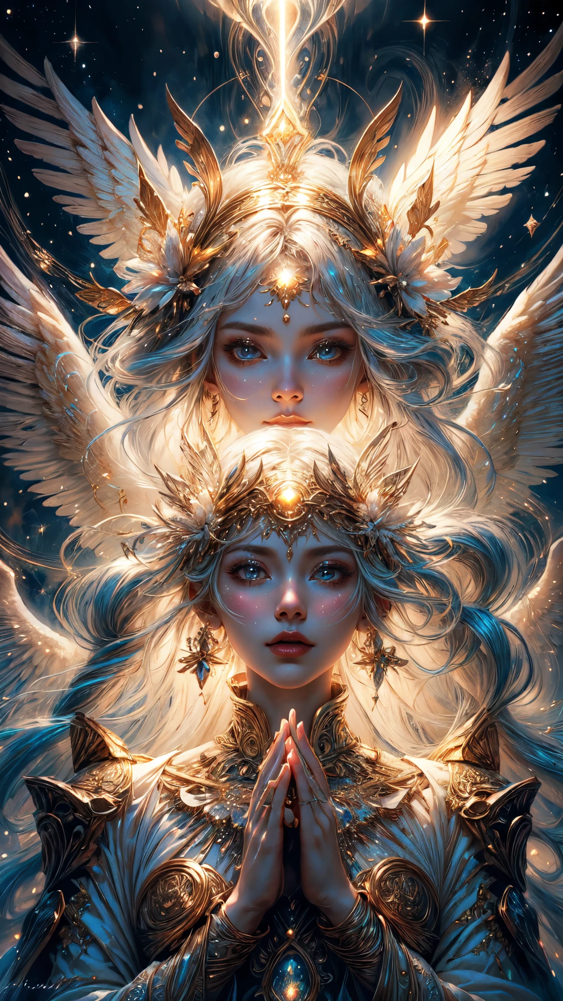 (highres,best quality:1.2),dreamy angels,detailed face, detailed eyes, detailed hands. angels, angels with white halo and wings, dreamy, celestial beings,divine silence,stunning presence, heavenly background,transcendent beauty,divine grace,celestial harmony,cosmic radiance,heavenly glow,mystical aura,luminous atmosphere,serene tranquility,divine power,majestic elegance,sacred energy,cosmic alignment,celestial connection,spiritual transcendence,ethereal light,angelic figures,transcendent realm,celestial artistry,cosmic enchantment,stellar luminescence,heavenly attire,transcendent serenity,celestial radiance,cosmic magic,stunning ethereal beings,lustrous cosmic tapestry,heavenly spectacle,divine countenance,supernatural grace,cosmic vibrations,celestial transcendence,empyrean beauty