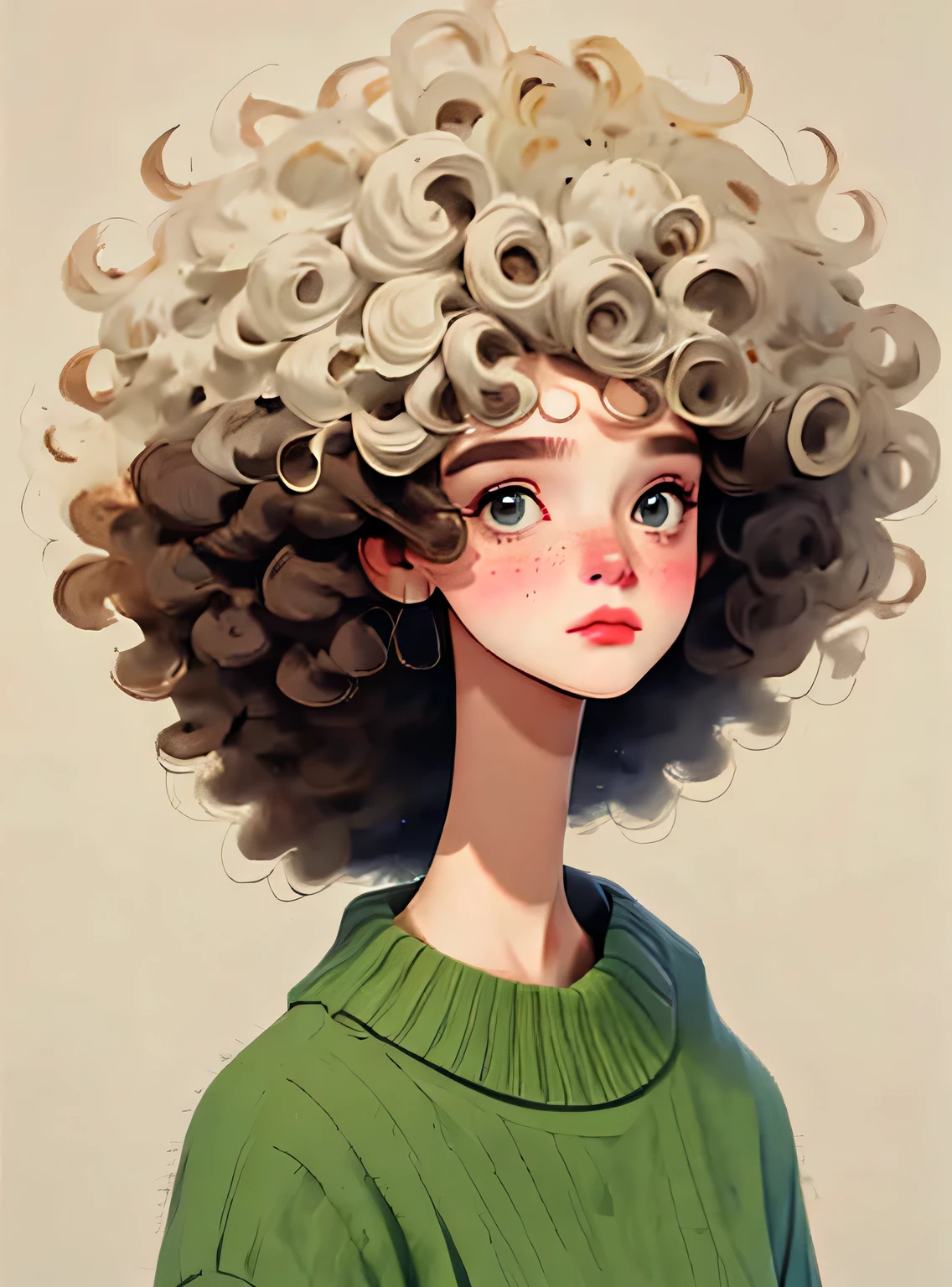 (melhor qualidade,4k,8K,high resolution,obra de arte:1.2),Super detalheed,(real,photoreal,photo-real:1.37),Unique style,kind girl sitting,cabelo exagerado,fofinho hair,pequenas sardas,exaggerated expression,Surrealismo,Duck egg green polka dot sweater,detalhe,Crina,fofinho,Meia,fundo limpo,Hand-drawn style,drawing pencil,kind,Linhas suaves,silhueta limpa,Clean composition