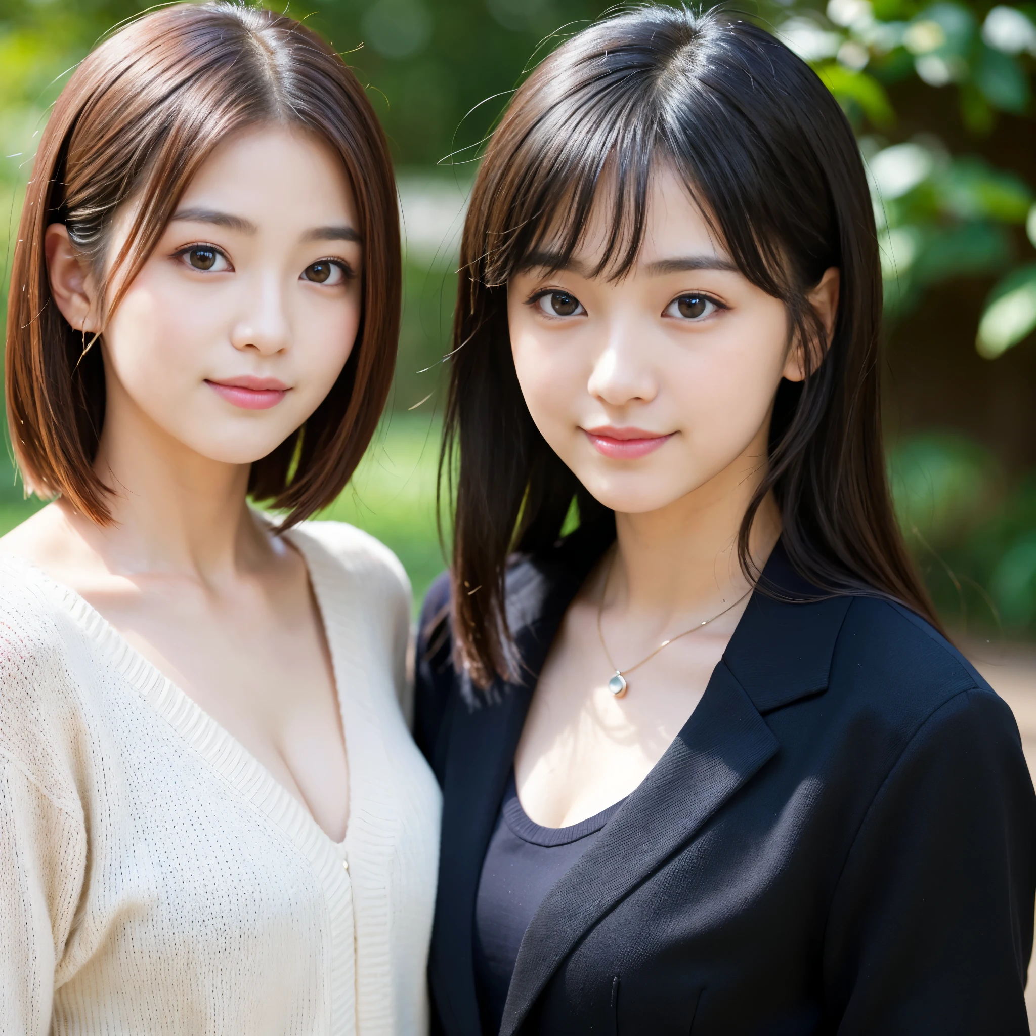 Best-quality, Masterpiece, Ultra-High-Resolution, (Photorealistic:1.4), Raw-Photo, (A lesbian couple, 18-years-old girl and 25-years-old woman), in the morning, In the spring, At Hiroshima's entertainment distric, (The -yeld gi the most famous Japanese idol, (wearing spring-sweater), (extremely beautiful black-short-cut-haired), extremely cute face like the most popular Japanese idol, ((extremely beautiful big-black-eyes)), extremely beautiful lips, extremely beautiful skins, extremely beautiful long-eyelashes),
(The 25-year-old woman, the most famous Japanese actress, (wearin business suit), (extremely beautiful brown-long-haired), extremely beautiful face like the most popular Japanese actress, ((extremely beautiful big-solid-circle-eyes)), extremely beautiful skins, extremely beautiful lips, extremely beautiful long-eyelashes), innocent smile