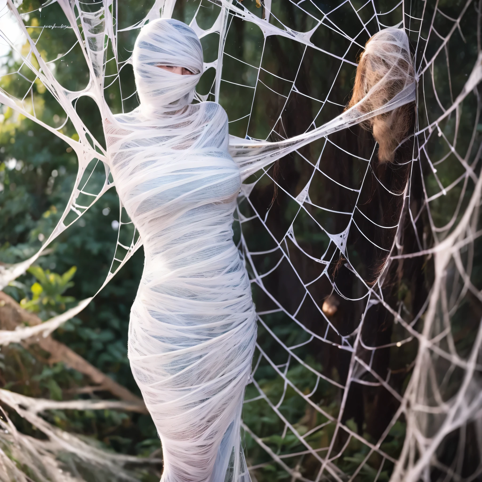 a girl entangled in the spider web, struggle, detailed classroom, (cocoon:1.3), spider web, hanging, spider in the web, spider