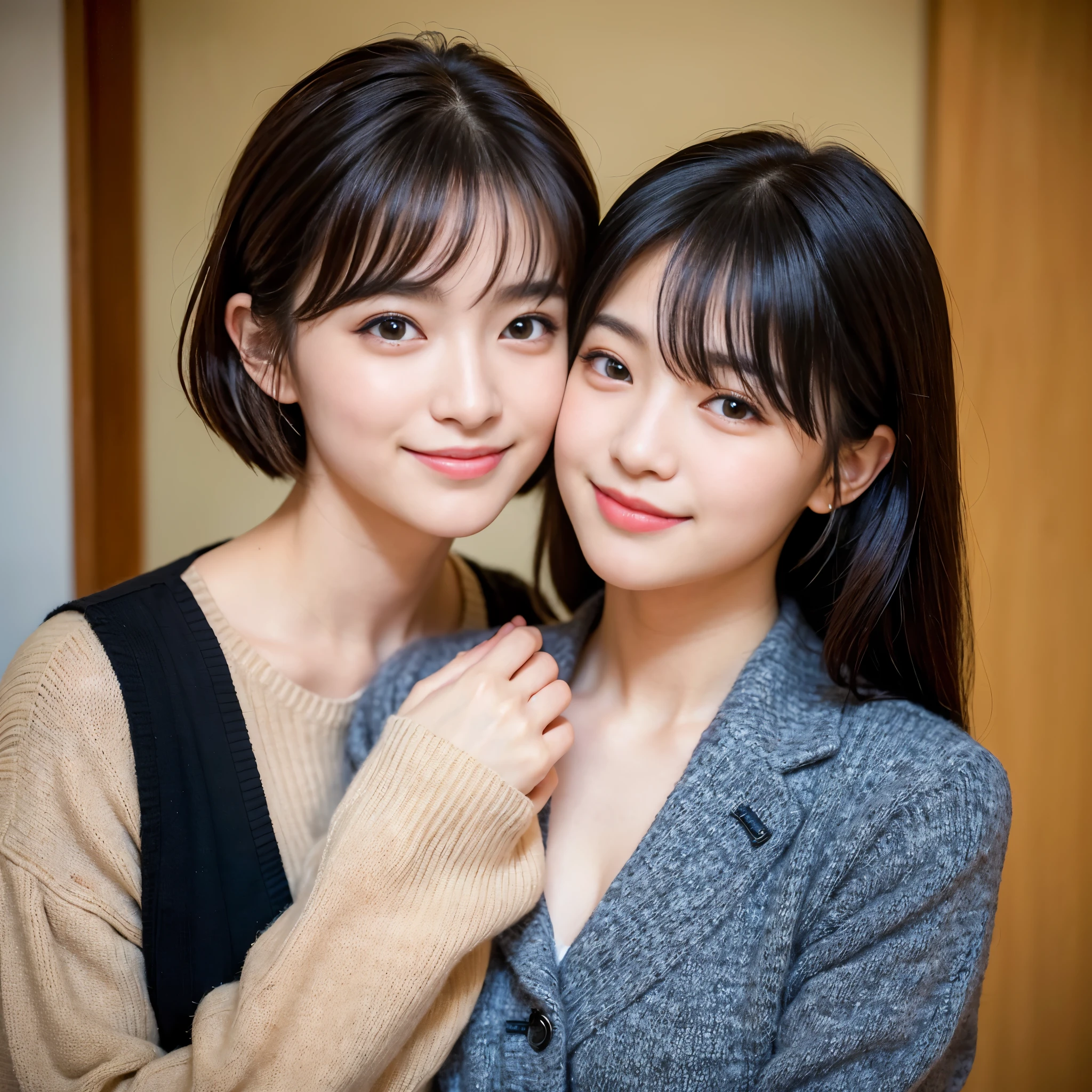 Best-quality, Masterpiece, Ultra-High-Resolution, (Photorealistic:1.4), Raw-Photo, (A lesbian couple, 18-years-old girl and 25-years-old woman), in the morning, In the spring, At Hiroshima's entertainment distric, (The 15-year-old girl, the most famous Japanese idol, (wearing spring-sweater), (extremely beautiful black-short-cut-haired), extremely cute face like the most popular Japanese idol, ((extremely beautiful big-black-eyes)), extremely beautiful lips, extremely beautiful skins, extremely beautiful long-eyelashes),
(The 25-year-old woman, the most famous Japanese actress, (wearin business suit), (extremely beautiful brown-long-haired), extremely beautiful face like the most popular Japanese actress, ((extremely beautiful big-solid-circle-eyes)), extremely beautiful skins, extremely beautiful lips, extremely beautiful long-eyelashes), innocent smile