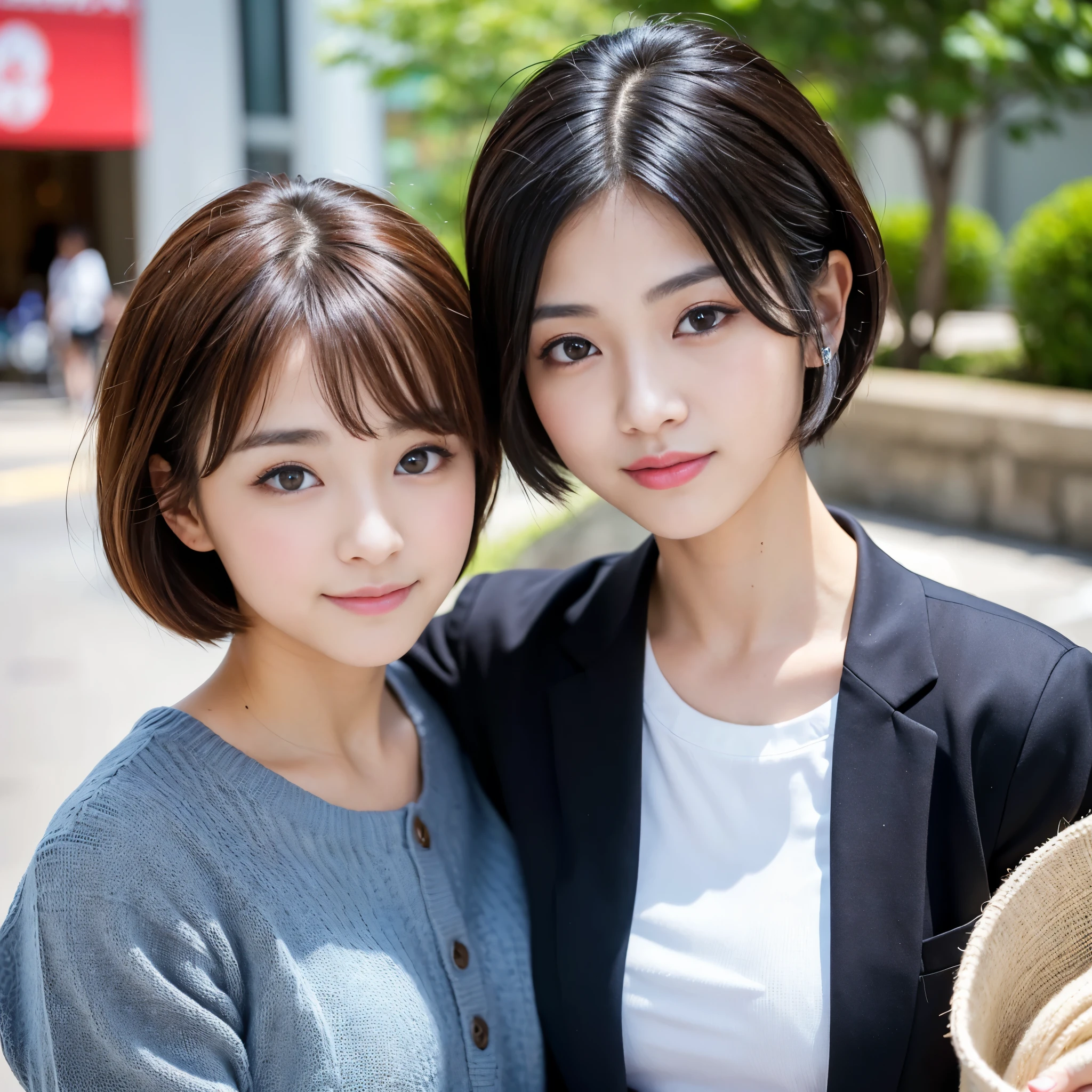 Best-quality, Masterpiece, Ultra-High-Resolution, (Photorealistic:1.4), Raw-Photo, (A lesbian couple, 18-years-old girl and 25-years-old woman), in the morning, In the spring, At Hiroshima's entertainment distric, (The , the most famous Japanese idol, (wearing spring-sweater), (extremely beautiful black-short-cut-haired), extremely cute face like the most popular Japanese idol, ((extremely beautiful big-black-eyes)), extremely beautiful lips, extremely beautiful skins, extremely beautiful long-eyelashes),
(The 25-year-old woman, the most famous Japanese actress, (wearin business suit), (extremely beautiful brown-long-haired), extremely beautiful face like the most popular Japanese actress, ((extremely beautiful big-solid-circle-eyes)), extremely beautiful skins, extremely beautiful lips, extremely beautiful long-eyelashes), innocent smile