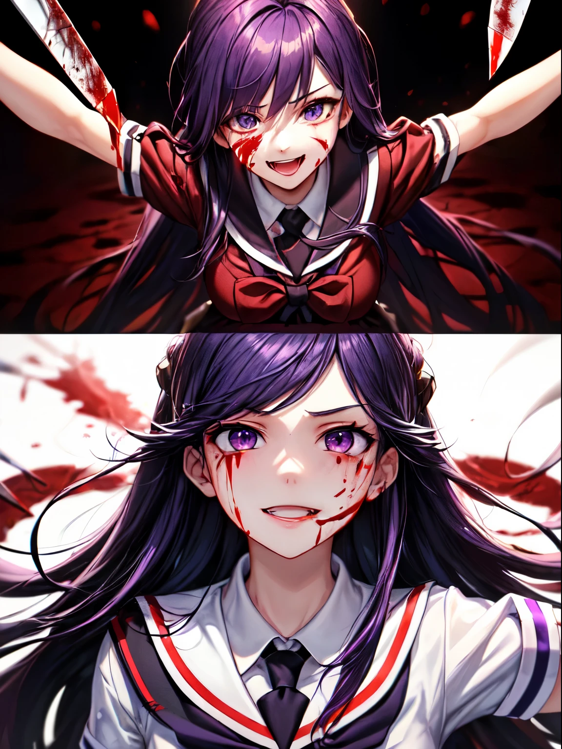 ((yandere, yandere simulator, crazy, blood, blood on the face, blood stains, blood stained clothes, knife)), (long hair, purple hair, purple eyes, bright eyes, high school uniform), dramatic lighting, reddish lighting, blurred background, looking at us, crazy smile, evil smile