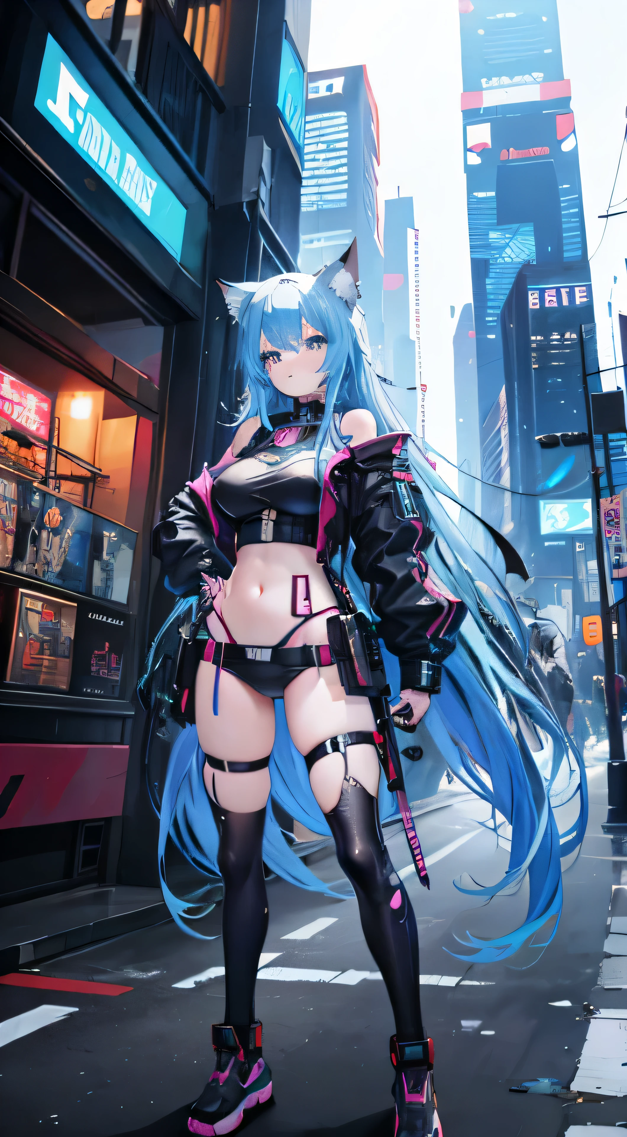 1girl, solo, long hair, breasts, looking at viewer, bangs, blue eyes, skirt, large breasts, thighhighs, long sleeves, navel, cleavage, hair between eyes, closed mouth, underwear, blue hair, standing, collarbone, panties, full body, ponytail, red hair, multicolored hair, boots, open clothes, shoes, choker, midriff, belt, black thighhighs, indoors, miniskirt, black skirt, stomach, black footwear, two-tone hair, streaked hair, coat, crop top, v-shaped eyebrows, thigh strap, ass visible through thighs, black choker, pantyshot, pencil skirt, black belt, open coat, black coat, taut clothes, tube top, with the word "Kali Linux" written on her outfit, servers and computers are visible in the background in a cyberpunk-style environment, featuring neon lights, futuristic buildings, and a high-tech urban atmosphere.