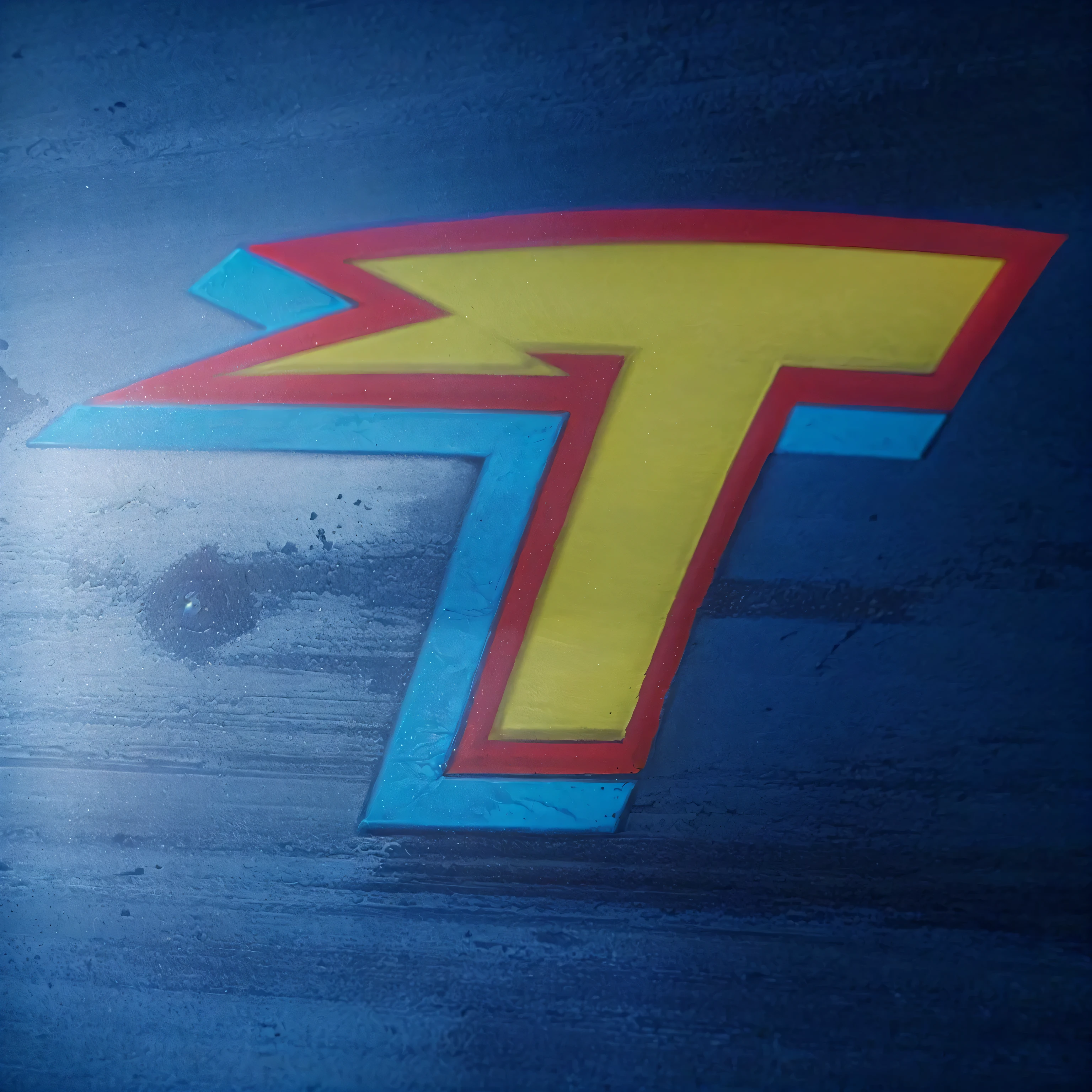 a close up of a blue and yellow t logo on a wall, inspired by Eugene Tertychnyi, trilliant, tekkon kinkret, textless, artyom turskyi, inspired by Veikko Törmänen, tenet, thertrevkaiser, thunders, profile picture, tekkon kinreet, technical