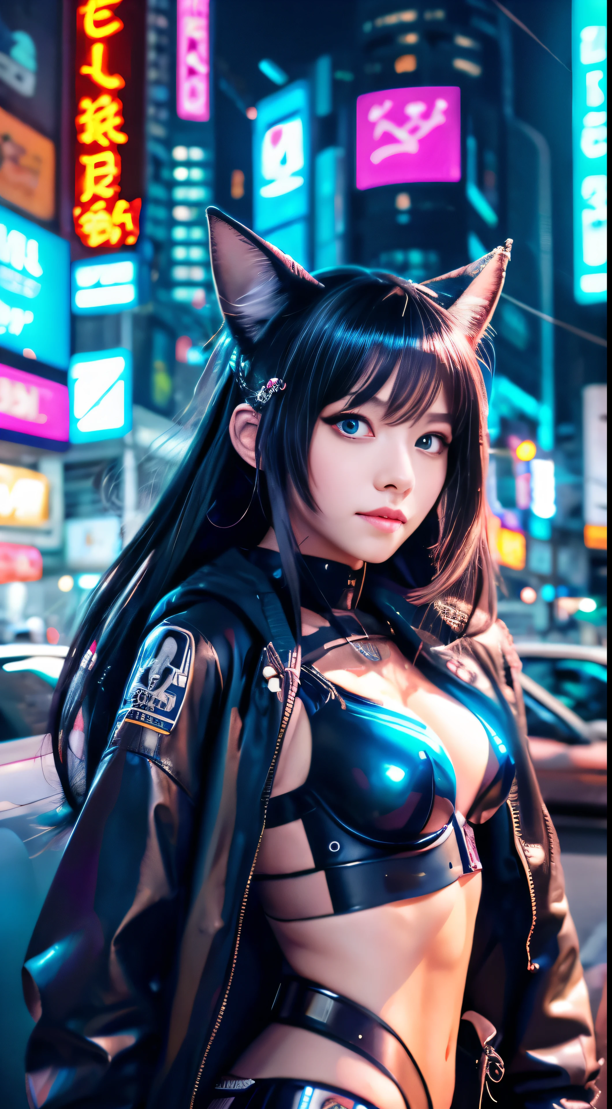 With realistic high-definition images,girl with long hair and cat ears wandering in a bustling cyberpunk city, digital masterpiece of cyberpunk anime art with neon lights and holographic advertisements, female cyberpunk anime character proudly standing next to her sleek mech, exquisitely detailed cyberpunk anime girl, captivating anime cyberpunk art showcasing a cute cyborg girl with gleaming wires and mechanical limbs, intricate digital cyberpunk anime art featuring a beautiful girl transformed into a perfect android, cyberpunk-inspired anime art depicting a stunning girl with piercing blue eyes and metallic accents.