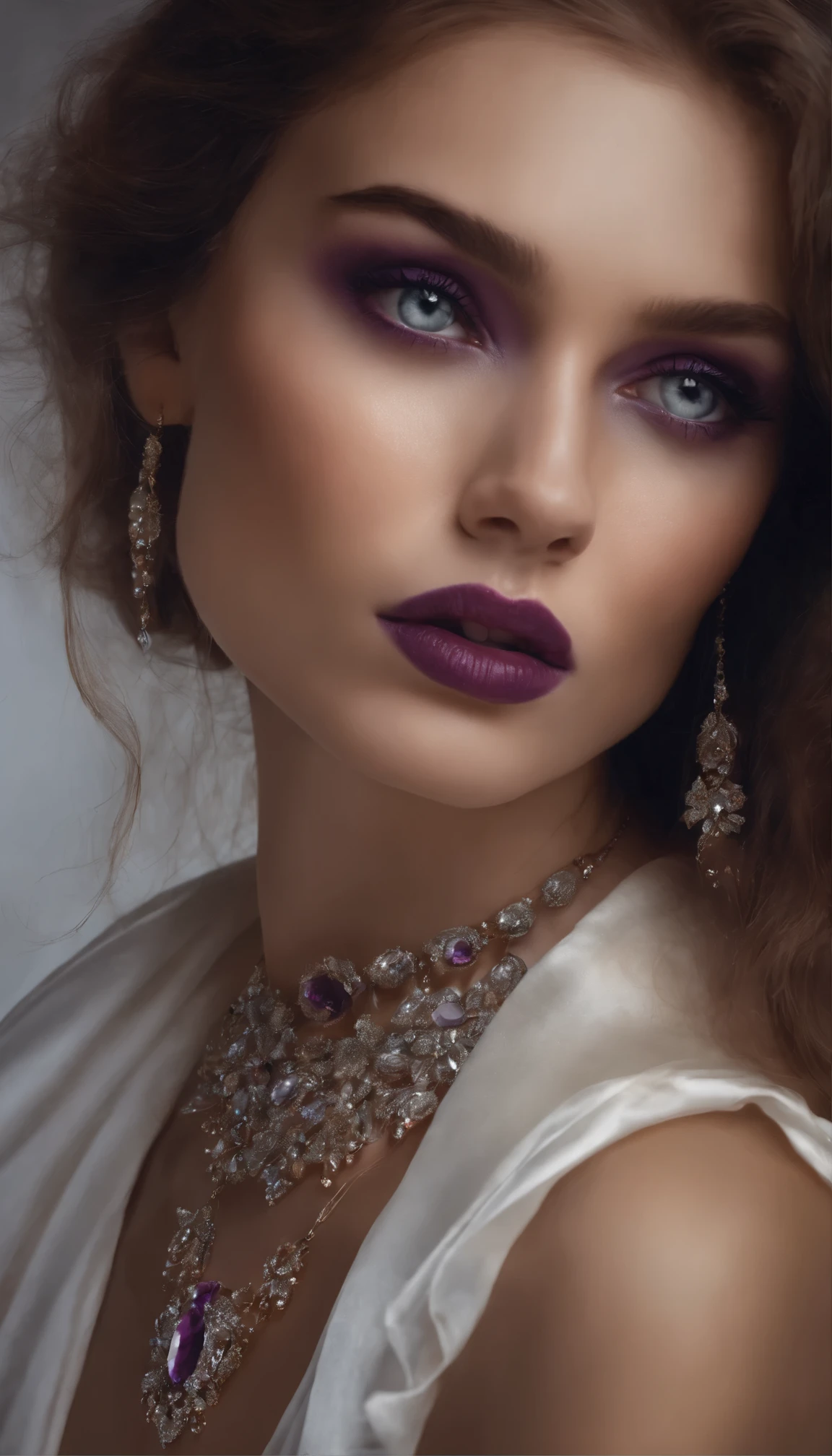 Arafed woman wearing a purple and white shirt and a necklace, a hyper-realistic painting, inspiriert von Maud Naftel, In tanzender pose, Tumblr, Realismus, weinendes Make-up, Tears stream down his face, funkelnde Augen, sadie sink, glitzert auf den Augenlidern, shiny and dripping, Profilbild, Tears drip from eyes, watery crystal glow in the eyes