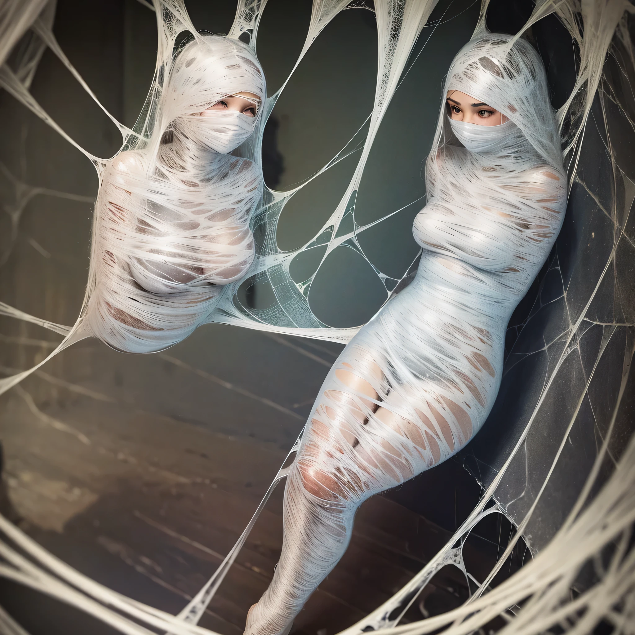 a girl entangled in the spider web, struggle, detailed classroom, (cocoon:1.3), spider web, hanging, spider in the web, spider