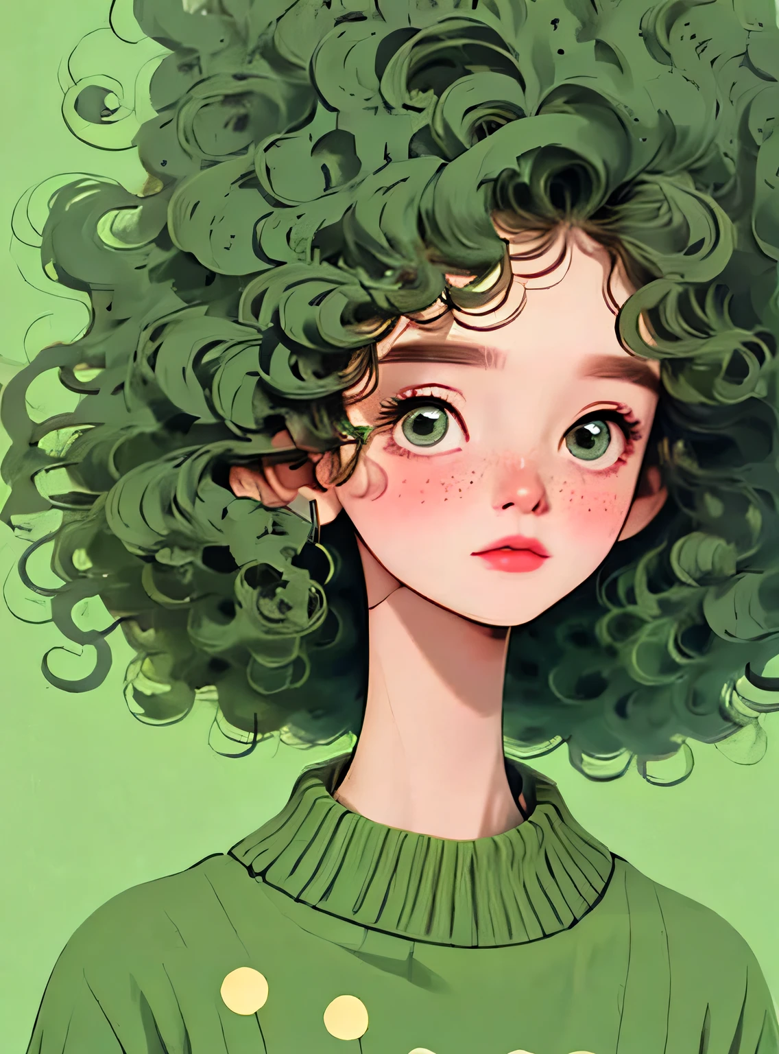 (melhor qualidade,4k,8K,high resolution,obra de arte:1.2),Super detalheed,(real,photoreal,photo-real:1.37),Unique style,kind girl sitting,cabelo exagerado,fofinho hair,pequenas sardas,exaggerated expression,Surrealismo, green polka dot sweater,detalhe,Crina,fofinho,Meia,fundo limpo,Hand-drawn style,drawing pencil,kind,Linhas suaves,silhueta limpa,Clean composition