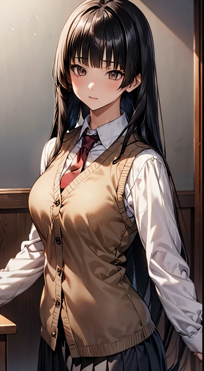 highest quality、best image quality、masterpiece、table top、elaborate design、visual art、 (table top, highest quality, High resolution, , perfect pixel, 4k,), 1 girl, single, alone, Beautiful woman、I could see the whole body, ((detailed face, blush:1.2)), dynamic angle, perfect body,
((long hair:1.9, black hair:1.6)), (flowing bangs, golden eyes, long term:1.4, small eyes, long eyelashes), (big breasts:1.4),
((fine fabric texture, light brown cardigan vest:1.4, Light grey pleated skirt, white collared shirt, dark red tie:1.3)),
(beautiful scenery), daytime, (school classroom), Are standing, (closed mouth),