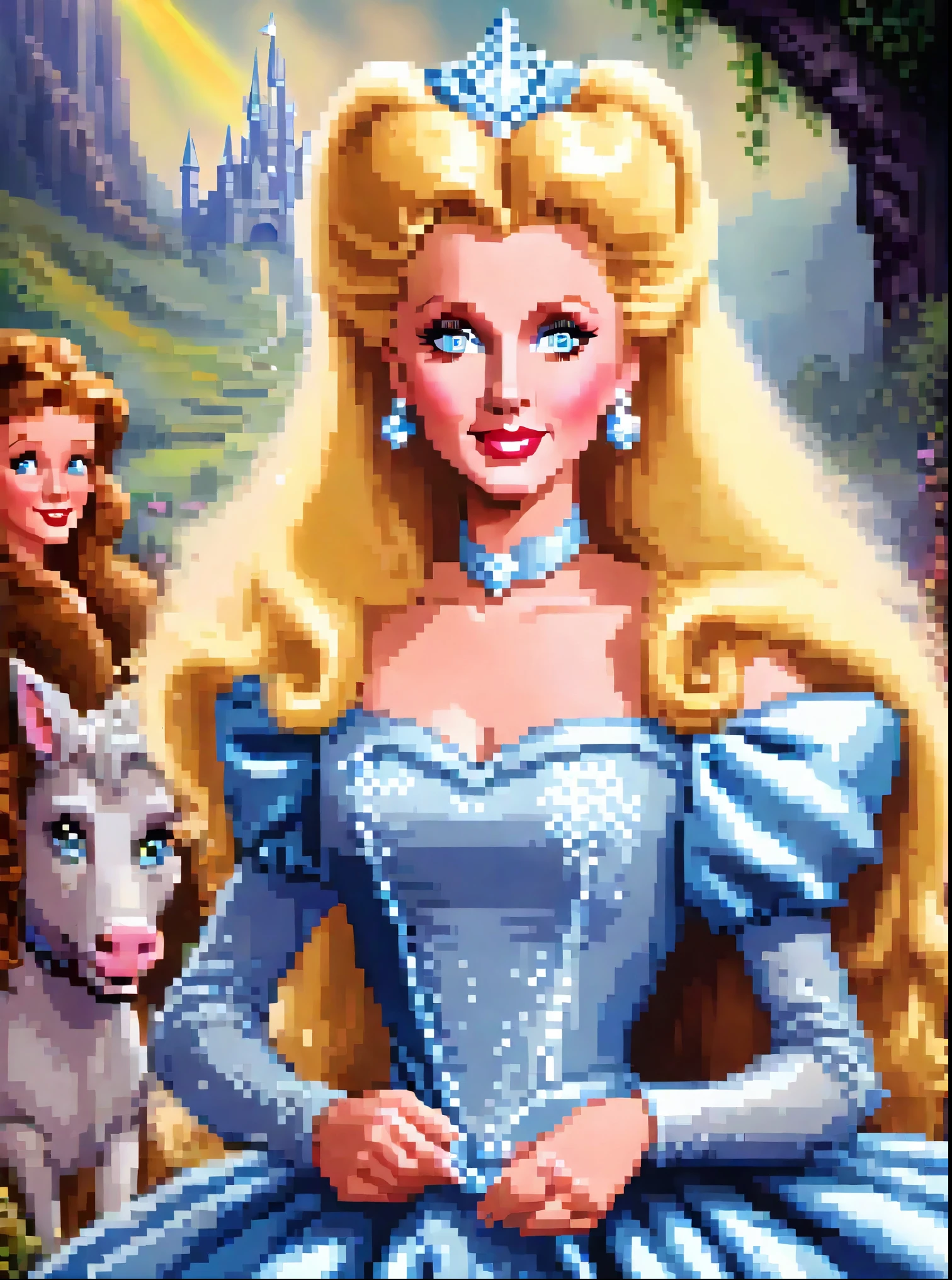 Imagine Young Morgan Fairchild, age 27, as Glinda, the Good Witch from Wizard of Oz, meeting Dorthy in Munchkin land, Bright blue eyes and captivating smile, The image captivates with its high definition, capturing every minute detail of the lady's radiant features, giving the impression of being able to step into the past itself, ultra sharp focus, realistic shot, female clothes, gritty and dramatic lighting, epic widescreen photography style 8k, Full View
