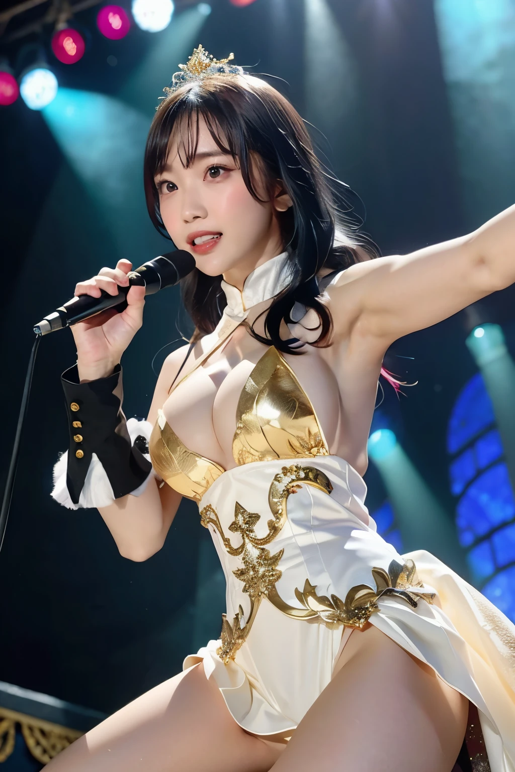 (8k, highest quality, genuineistic, ultra high resolution, high contrast, photon mapping, genuine, Super detailed, official art, RAW photo, professional lighting, light, lively atmosphere, High-definition CG, unity 8k, Snazzy, brilliant, shining sunlight), where:(Live venue, stage with backing band), who:(woman, Live costume beautifully decorated with layers of white, gold, and black cloth, body suit), what:(Pose with a microphone at a live performance),