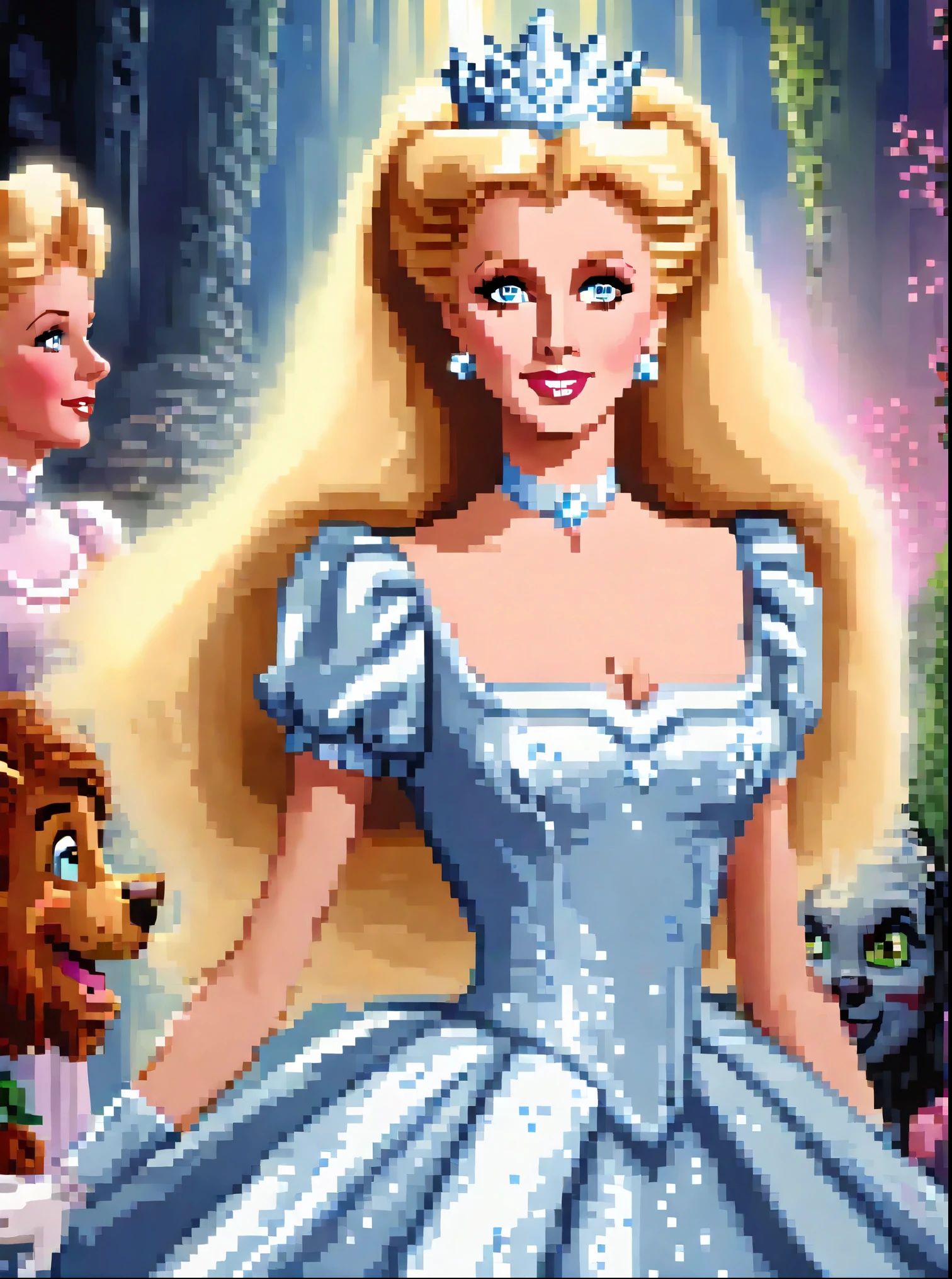 Imagine Young Morgan Fairchild, age 27, as Glinda, the Good Witch from Wizard of Oz, meeting Dorthy in Munchkin land, Bright blue eyes and captivating smile, The image captivates with its high definition, capturing every minute detail of the lady's radiant features, giving the impression of being able to step into the past itself, ultra sharp focus, realistic shot, female clothes, gritty and dramatic lighting, epic widescreen photography style 8k, Full View