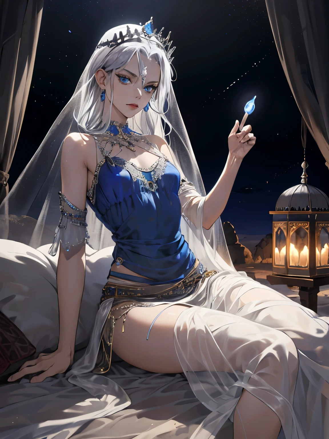 Adult odalisque with silver hair and blue eyes, expensive dress, mean look, silver, jewelry, small breasts, desert, camp, gypsy, nomadic, brave face, brave, small, thin, mystical, incense, tent, moonlight, silver moonlight, lighting, lace, transparent, long skirt, veil, crown,