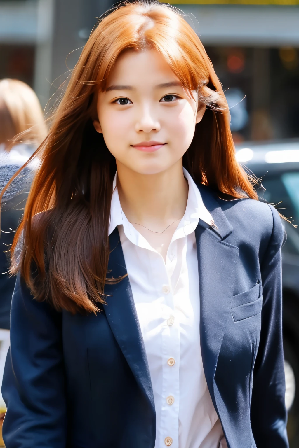 redhead,long hair,center part,drooping eyes,calm,blazer,,On the way home from school,I have a bag