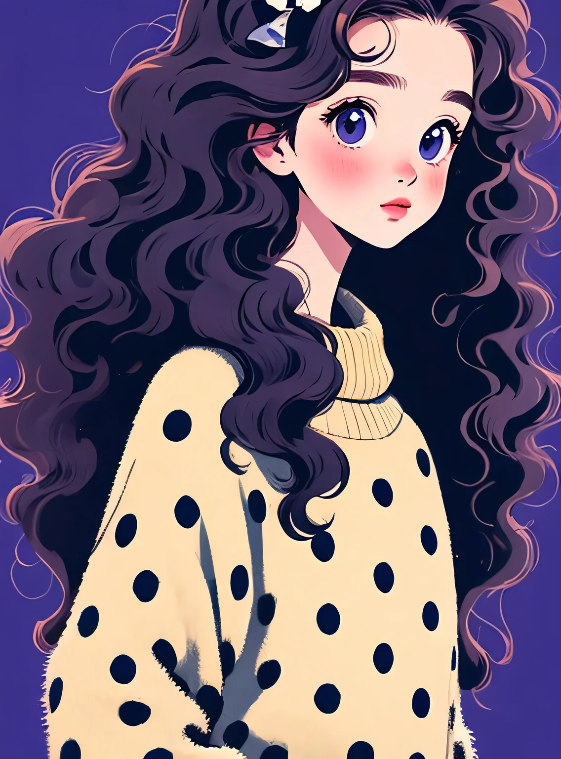 (obra de arte, melhor qualidade:1.2), 1 garota, sozinho,Cabelo ondulado,faixa de arco,polka dot sweater,Sweater Details,fundo limpo
