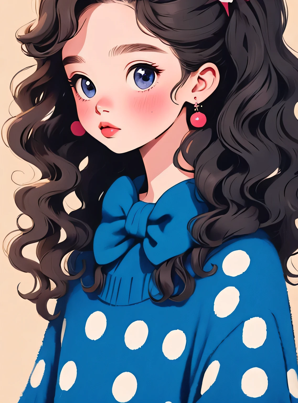 (obra de arte, melhor qualidade:1.2), 1 garota, sozinho,Cabelo ondulado,faixa de arco,polka dot sweater,Sweater Details,fundo limpo