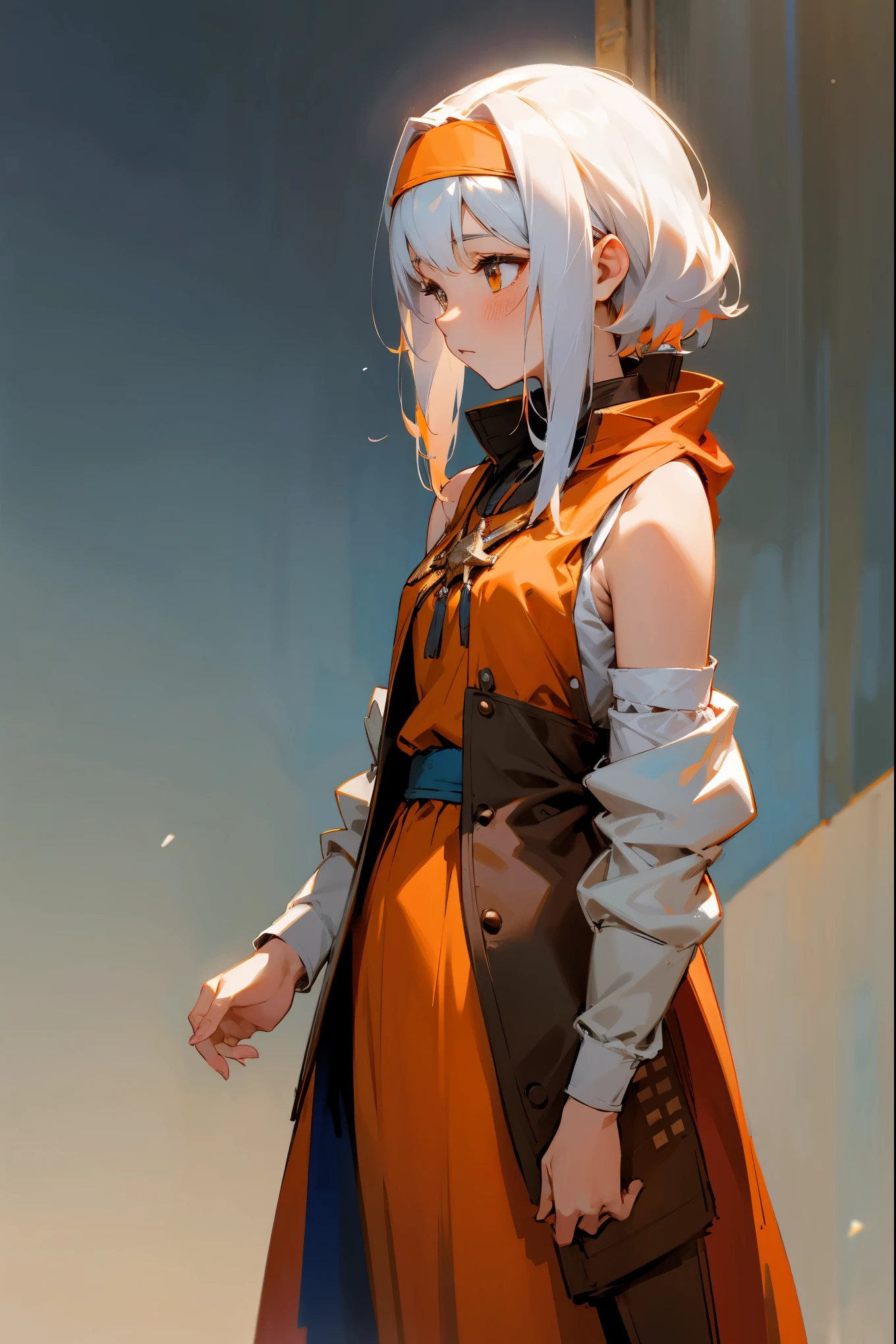 1female, two colored hair, orange and white hair, headband, sleeveless jacket, orange and blue clothing, medieval clothing, guild hall background, detailed background, standing on path