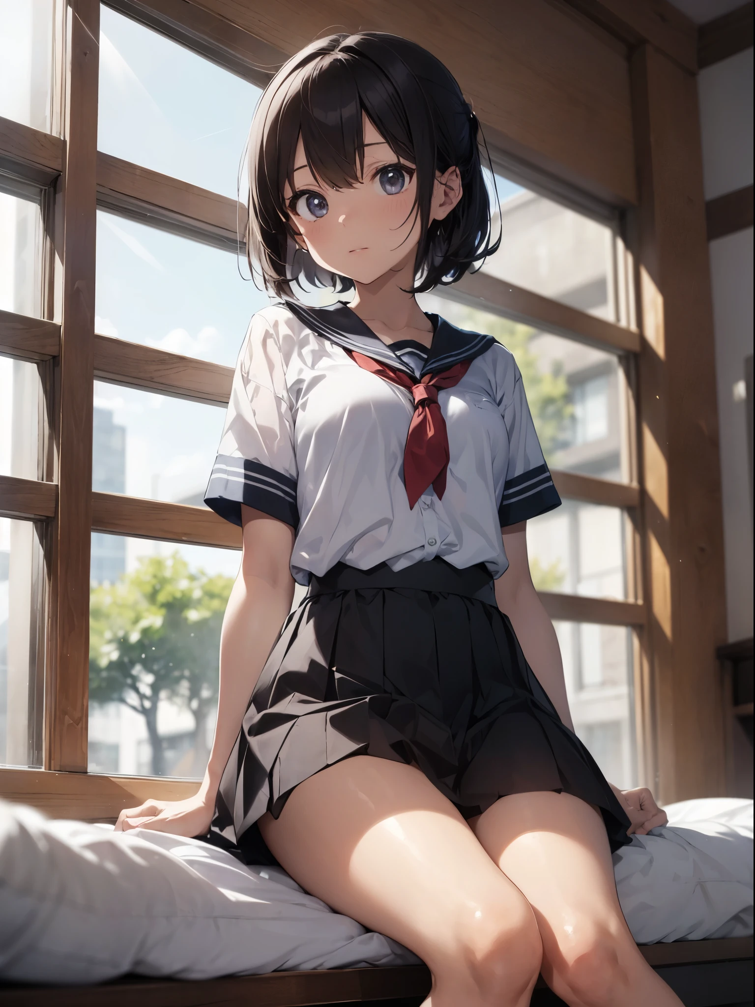 God quality, anime moe artstyle,best anime 8k konachan wallpaper,badass anime 8k,perfect anatomy, (Please Draw a picture of a girl lying on the bed and reading a book.),break, 1girl, (Solo,,,13-year-old:1.3),a junior high school student, androgynous charm, (Very Short hair), Full limbs, complete fingers,flat chest, Small butt, groin, Small eyes,finely 8k detailed beautiful black eyes,school Uniform, in the one's own room. break,ultra-detailed,high resolution,super detailed skin, professional lighting, (cool illustration:1.2),