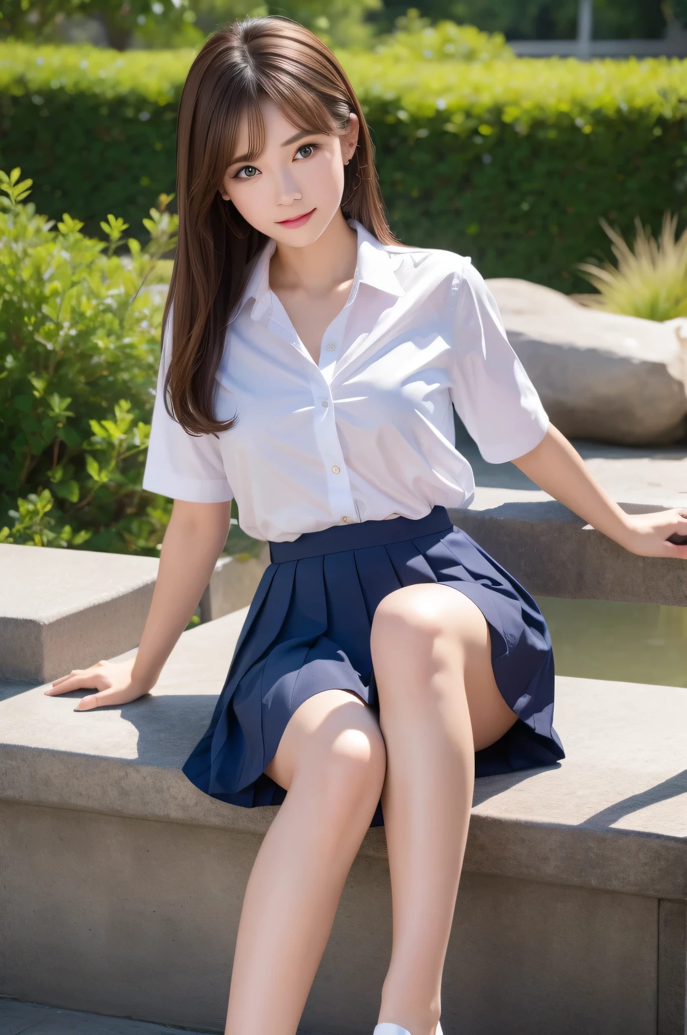 photorealistic,realistic,Blue crystal clear water、beautiful sea、((brown hair))、good hand、8K video、High resolution、masterpiece、highest quality、fine skin、sharp focus、clavicle、movie lighting[:(detailed face:1.2):0.2]、wet shirt、lustrous eyes、look at the audience、((beautiful and detailed eyes))、Big eyes、美しくdetailed face、perfect and beautiful double eyelids、whole body、barefoot,thin ankles,delicate legs,The woman I want to hold,beautiful hip line,tropical country、school uniform,uniform,pleated mini skirt,loafers,beautiful feet,wet skin,M-shaped spread legs