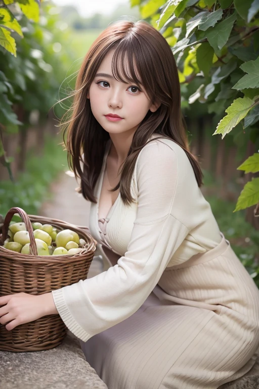 1girl in, high detailing, renaissance, romanticism, American Propaganda Posters, Expressionism, Genre painting, Impressionism, nffsw, Anatomically correct, Textured skin, high details, awardwinning, Best Quality, hight resolution, 8K、beautiful face、A detailed face、country girl、20yr old、Beautie、The most beautiful women in the village、farming、(FULL BODYSHOT)、perfectly proportions、Curvaceous、Healthy beauty、Skip、a little bit smile、Happiness、Grape picking、Vineyards、Soft light、