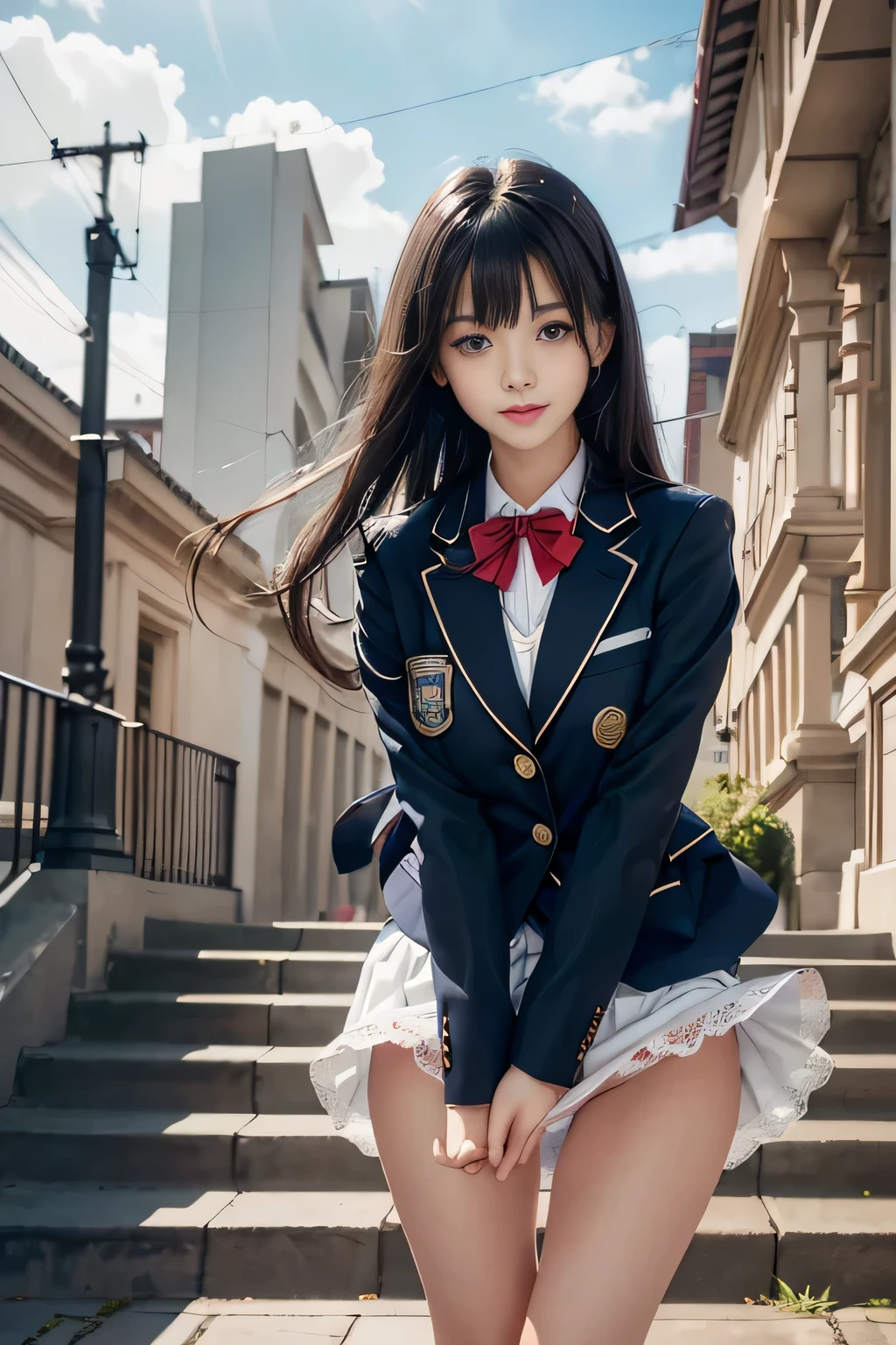 (Girl Standing On School Steps),1 girl, dark blue hair, bangs, long hair, sparkling eyes, long eyelashes, compensate, light smile, Depth of written boundary, one person'perspective, close, from below, wide angle, f/1.8, 135mm, canon, nffsw, retina, table top, Accurate, anatomically correct, rough skin, Super detailed, advanced details, high quality, 最high quality, High resolution, 1080p, 4k, 8k,(学校の階段を上るFemale student),46ポイントの斜めbangs,Female student、((uniform: white blazer with emblem on the chest))、translucent white blouse、(red bow tie)、(( in bright colors,check stripe)()、laughter,((my skirt flies in the wind)),((You can see the white lace panties))、