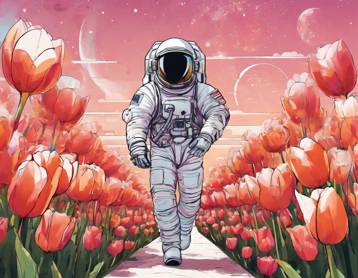 An astronaut in a tulip garden on a spring day