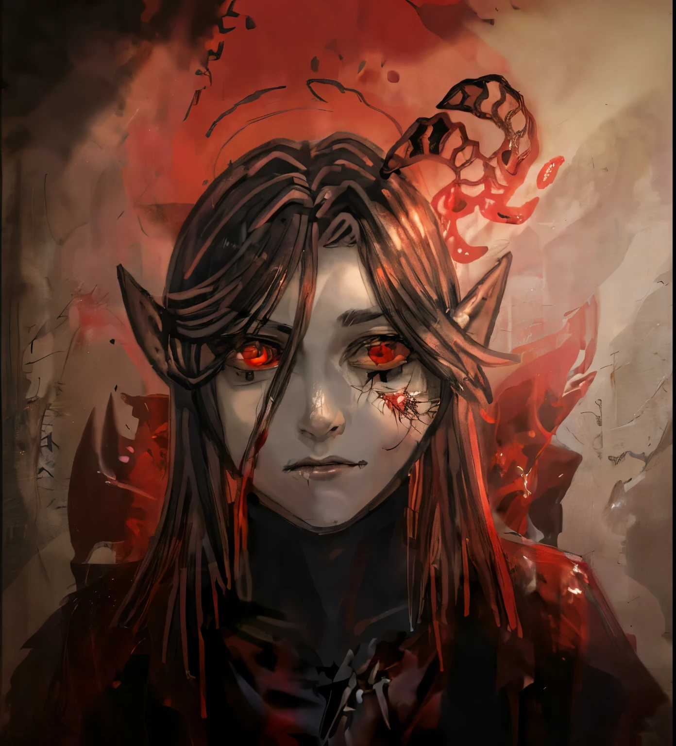 drawing of a feminine man with two dancing blood horns on one side of his face, dnd character, horns and red eyes, Sanguine dancer, blood dancer,