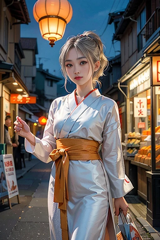 beautiful girl is scooping goldfish,japanese Bon dance、Open air at night shop, silver hair, split ponytail, star-shaped pupils, Conceptual art, Art Nouveau, glowing light, UHD, textured skin, masterpiece, anatomically correct, best quality, 8k